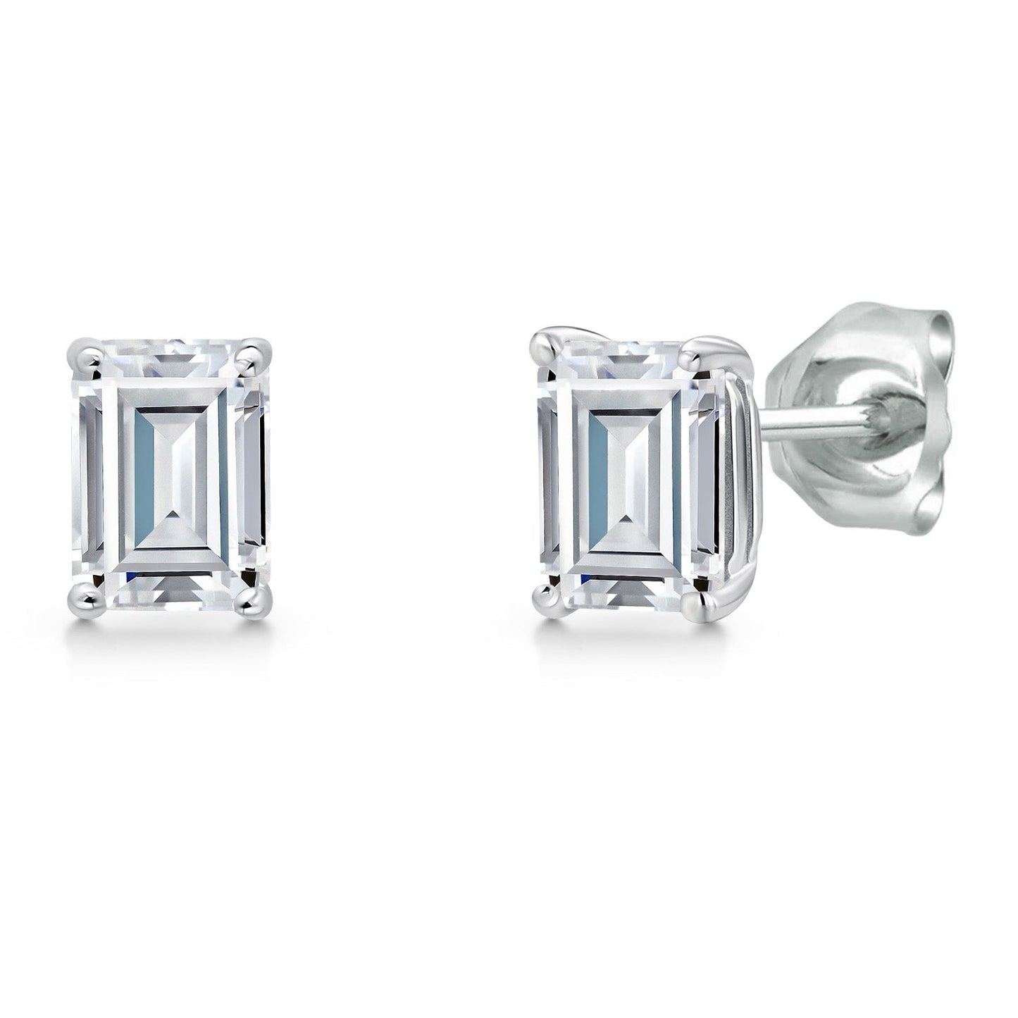 14K White Gold 6X4MM Emerald Cut Gemstone Birthstone Stud Earrings | Double Notch | Basket Setting | Gold Earrings For Women Men
