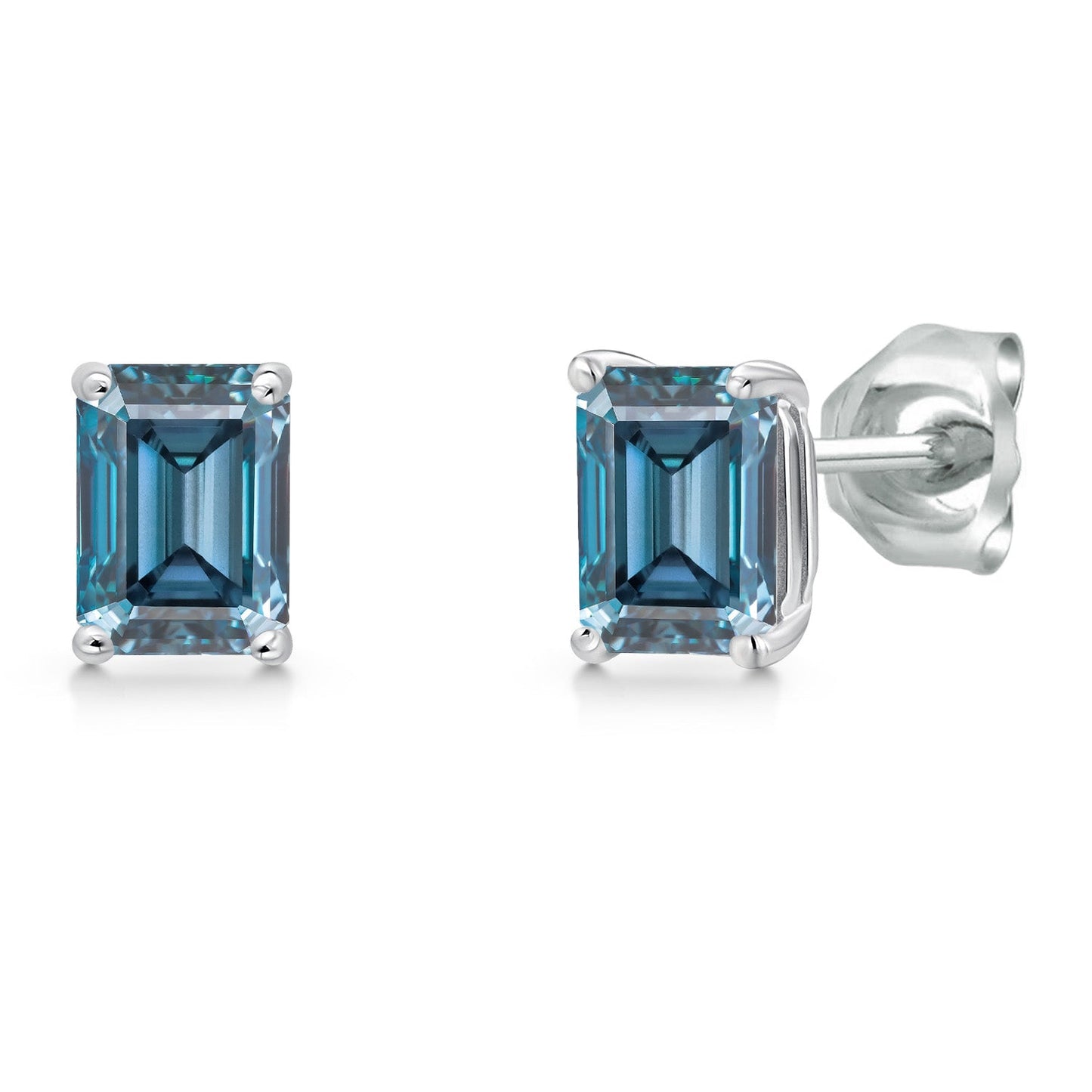 14K White Gold 6X4MM Emerald Cut Gemstone Birthstone Stud Earrings | Double Notch | Basket Setting | Gold Earrings For Women Men