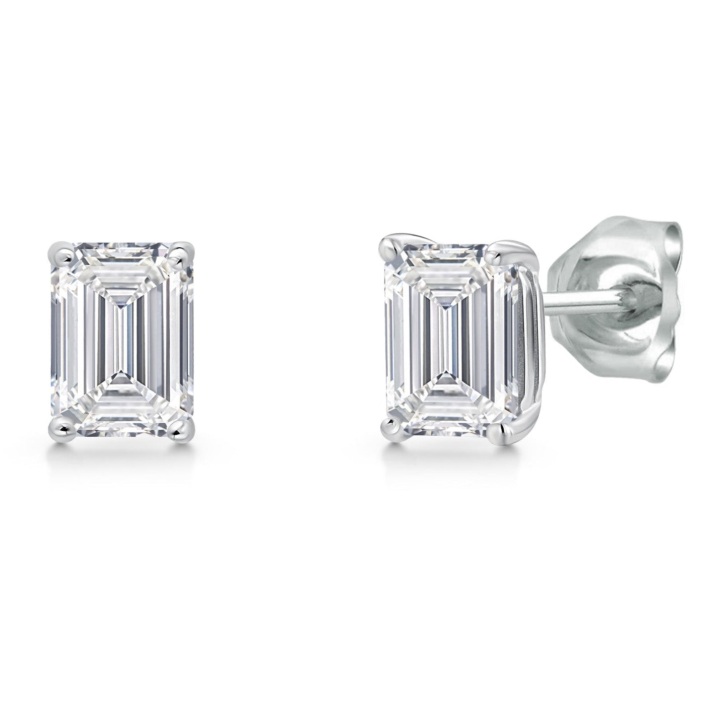 14K White Gold 6X4MM Emerald Cut Gemstone Birthstone Stud Earrings | Double Notch | Basket Setting | Gold Earrings For Women Men
