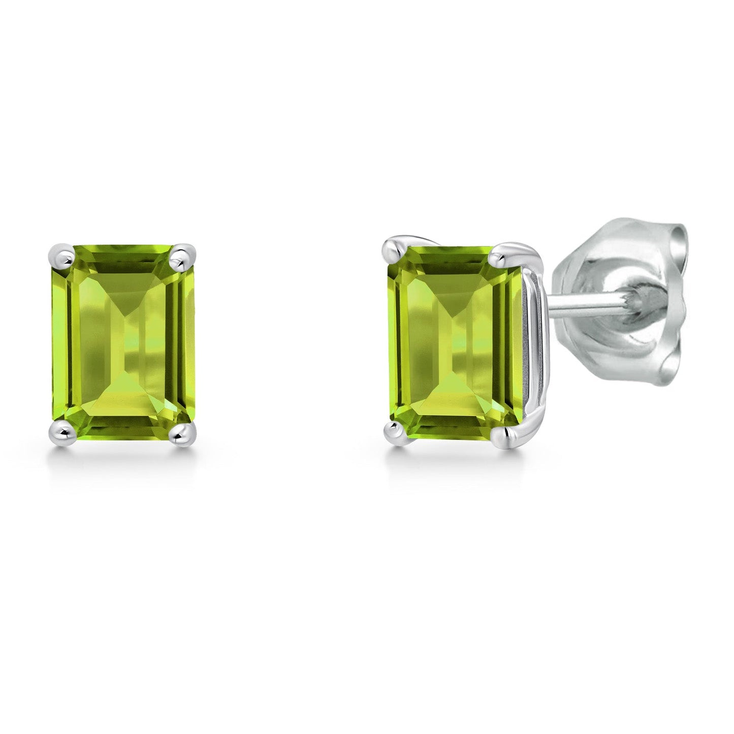 14K White Gold 6X4MM Emerald Cut Gemstone Birthstone Stud Earrings | Double Notch | Basket Setting | Gold Earrings For Women Men