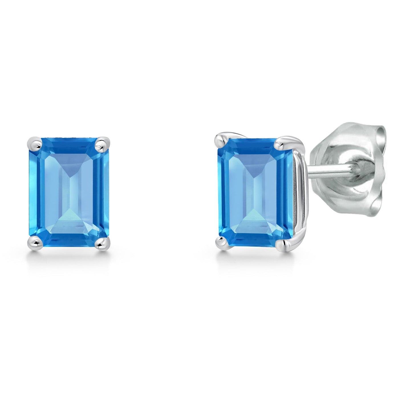 14K White Gold 6X4MM Emerald Cut Gemstone Birthstone Stud Earrings | Double Notch | Basket Setting | Gold Earrings For Women Men