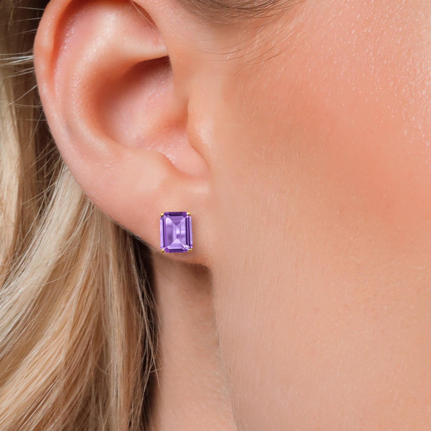 14K Yellow Gold 9X7MM Emerald Cut Gemstone Birthstone Stud Earrings | Double Notch | Basket Setting | Gold Earrings For Women Men