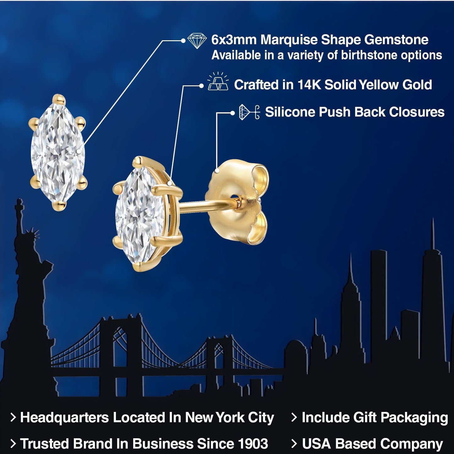 14K Yellow Gold 6X3MM Marquise Cut Gemstone Birthstone Stud Earrings | Double Notch | Gold Earrings For Women Men