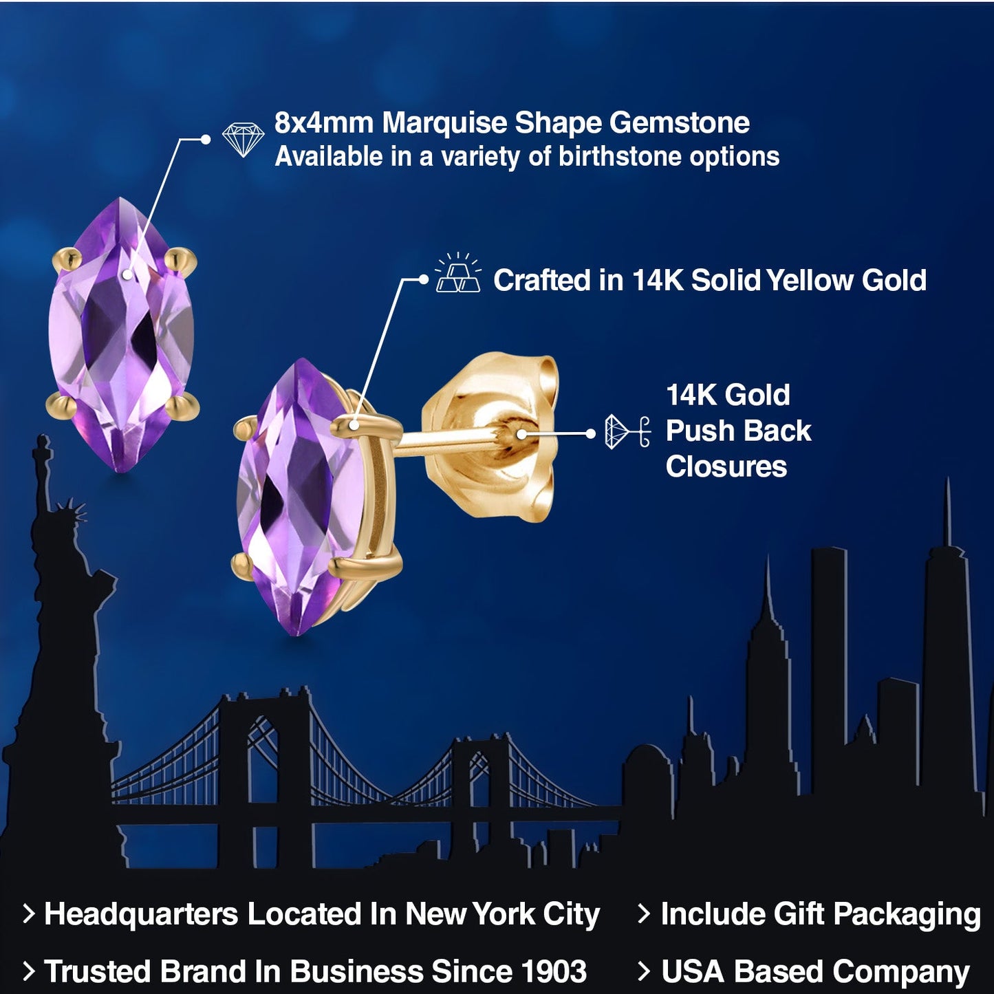 14K Yellow Gold 8X4MM Marquise Cut Gemstone Birthstone Stud Earrings | Double Notch | Gold Earrings For Women Men