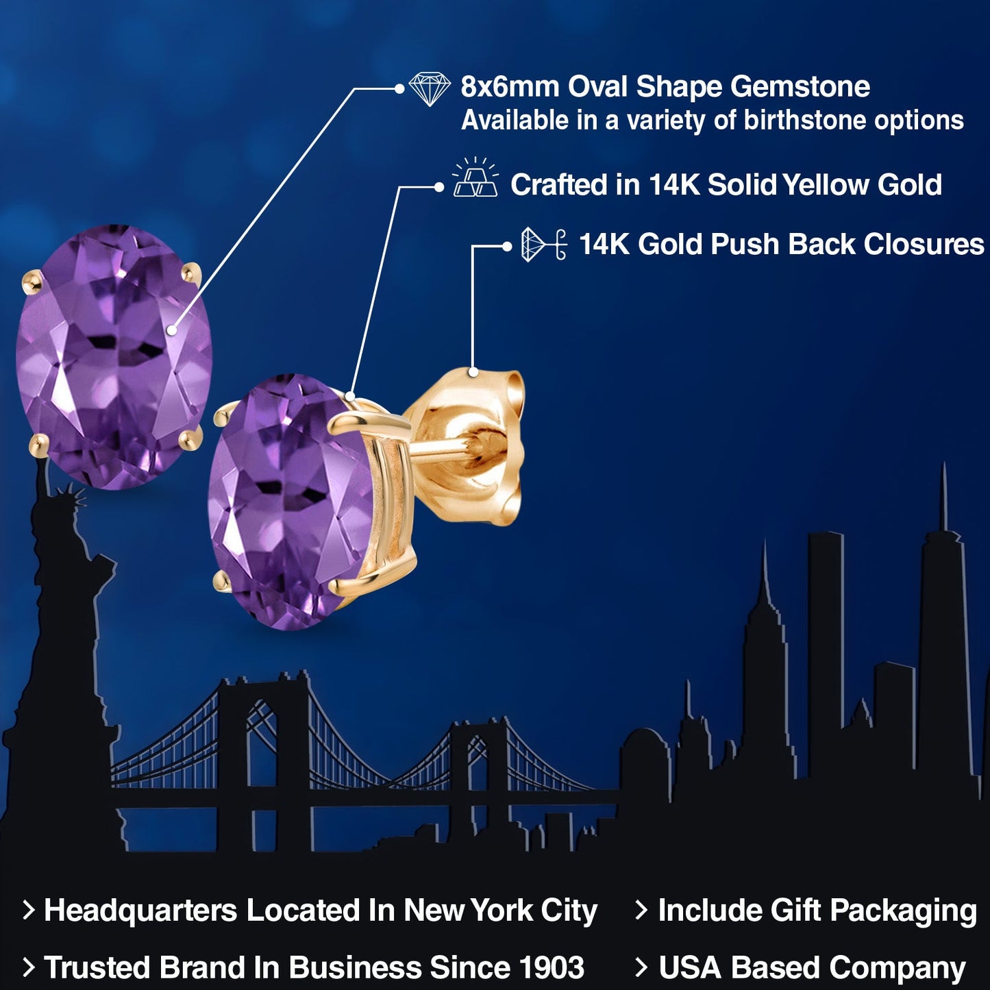 14K Yellow Gold 8X6MM Oval Gemstone Birthstone Stud Earrings | Double Notch | Gold Earrings For Women Men