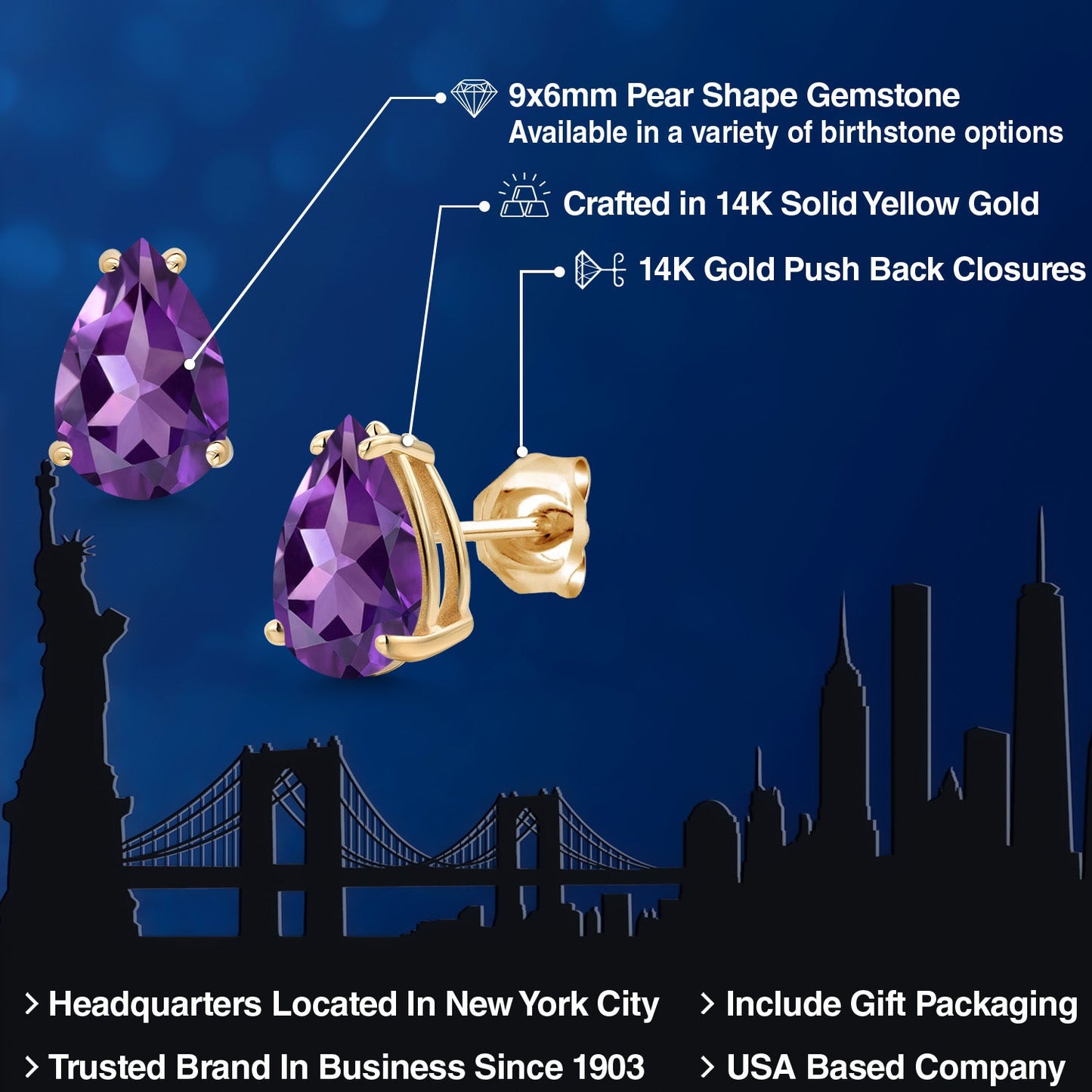 14K Yellow Gold Pear Shape 9X6MM Gemstone Birthstone Stud Earrings | Double Notch | Gold Earrings For Women Men