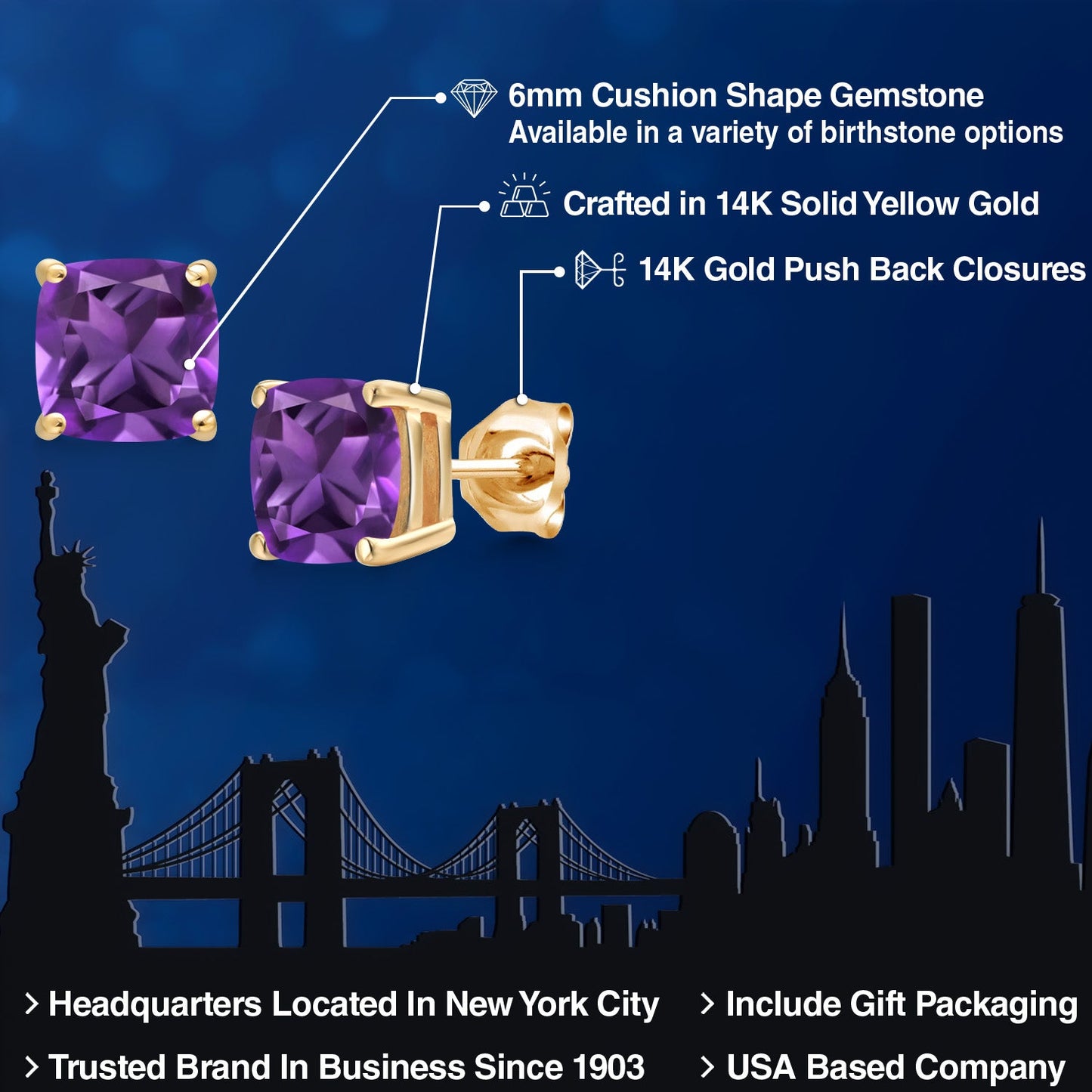 14K Yellow Gold 6MM Cushion Gemstone Birthstone Stud Earrings | Yellow Gold Earrings For Women Men