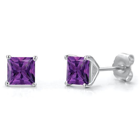 14K White Gold 5MM Princess Gemstone Birthstone Stud Earrings | Double Notch | Gold Earrings For Women Men