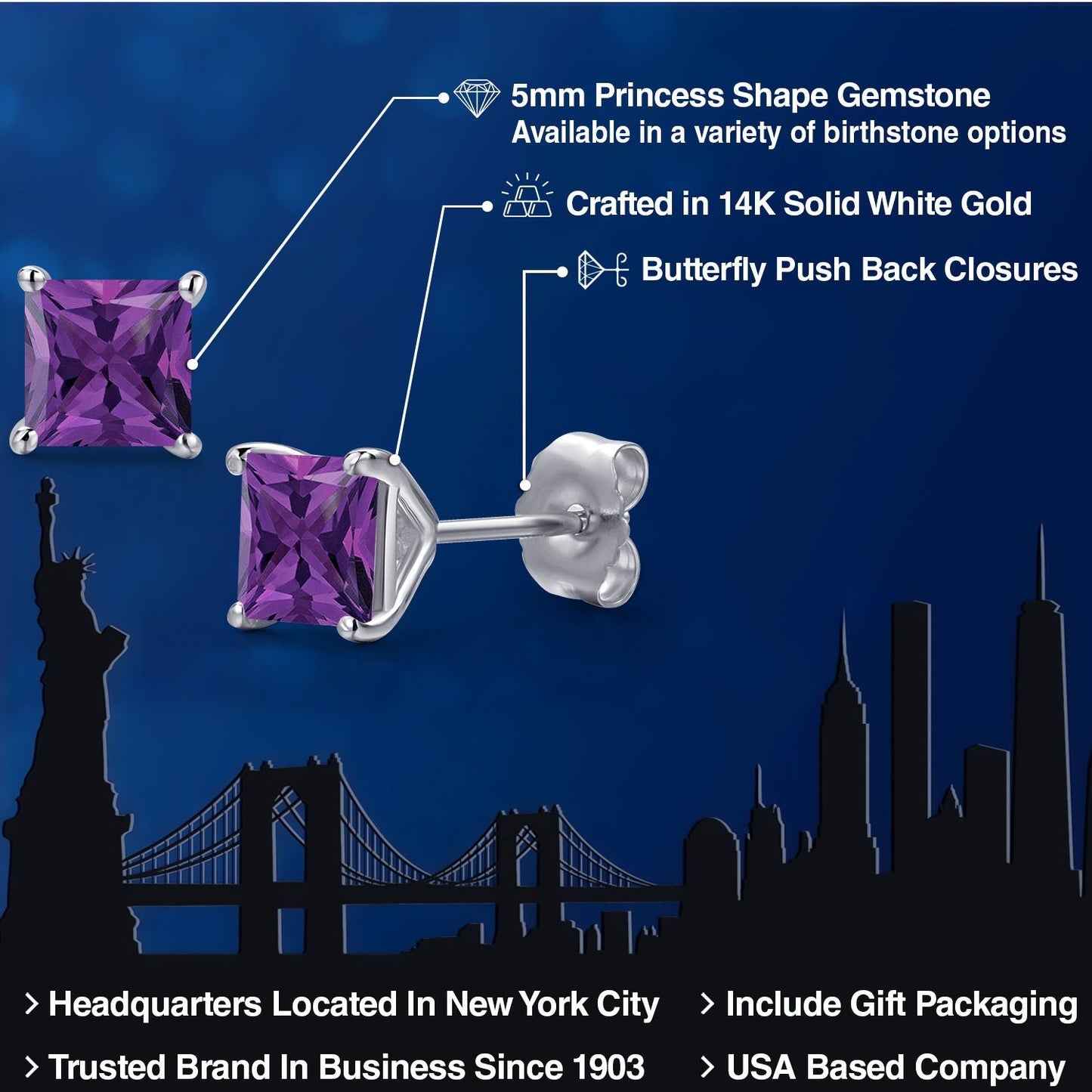 14K White Gold 5MM Princess Gemstone Birthstone Stud Earrings | Double Notch | Gold Earrings For Women Men