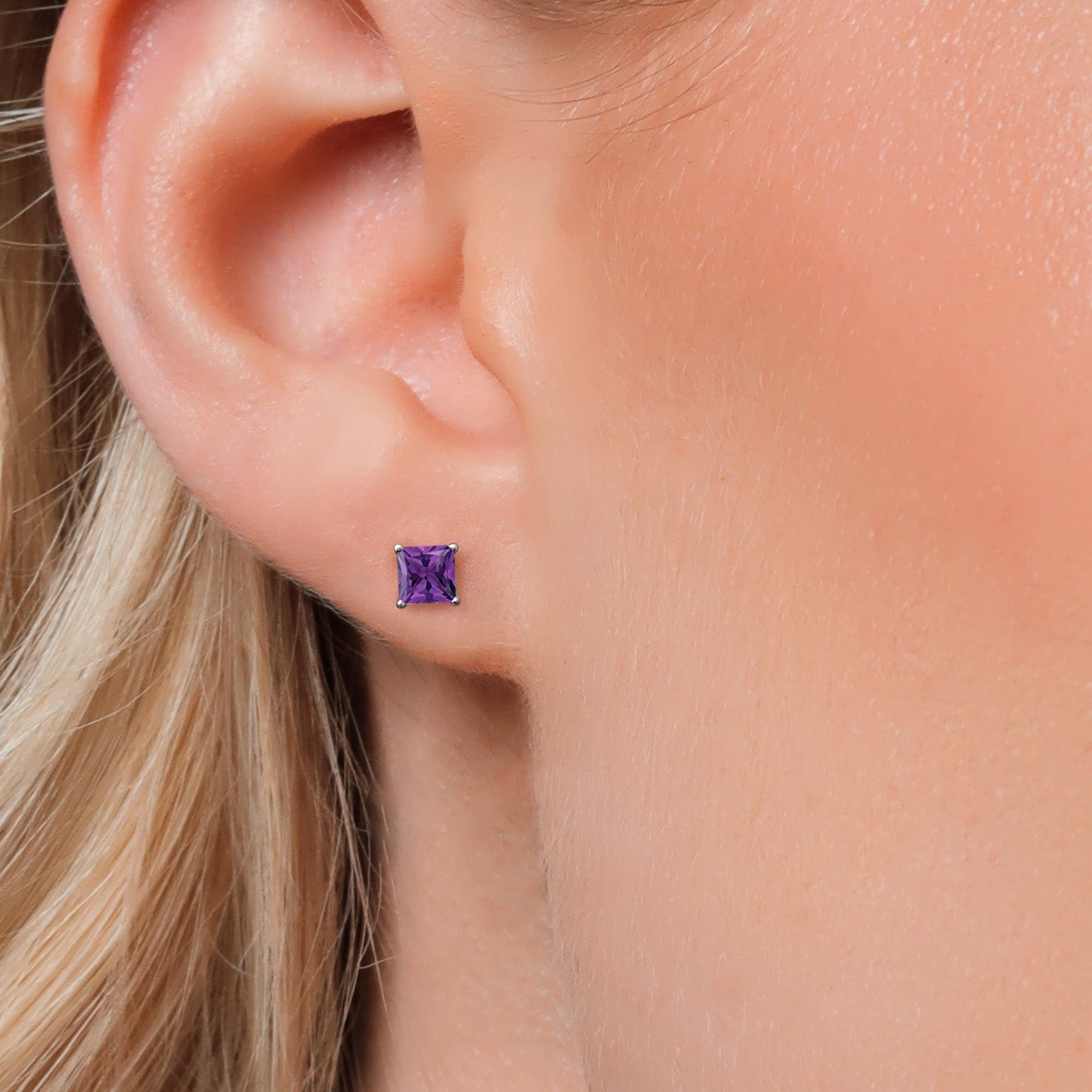 14K White Gold 5MM Princess Gemstone Birthstone Stud Earrings | Double Notch | Gold Earrings For Women Men