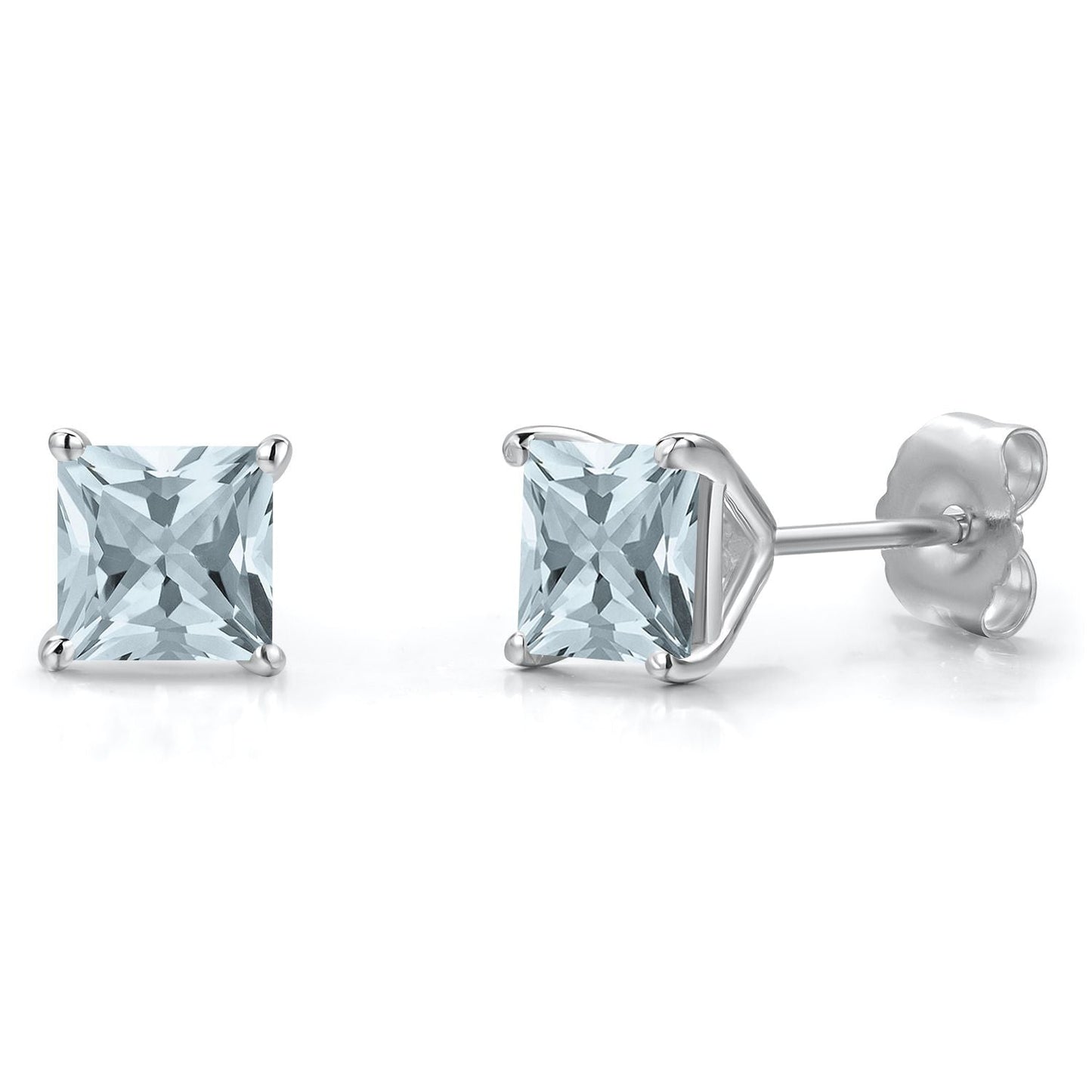 14K White Gold 5MM Princess Gemstone Birthstone Stud Earrings | Double Notch | Gold Earrings For Women Men