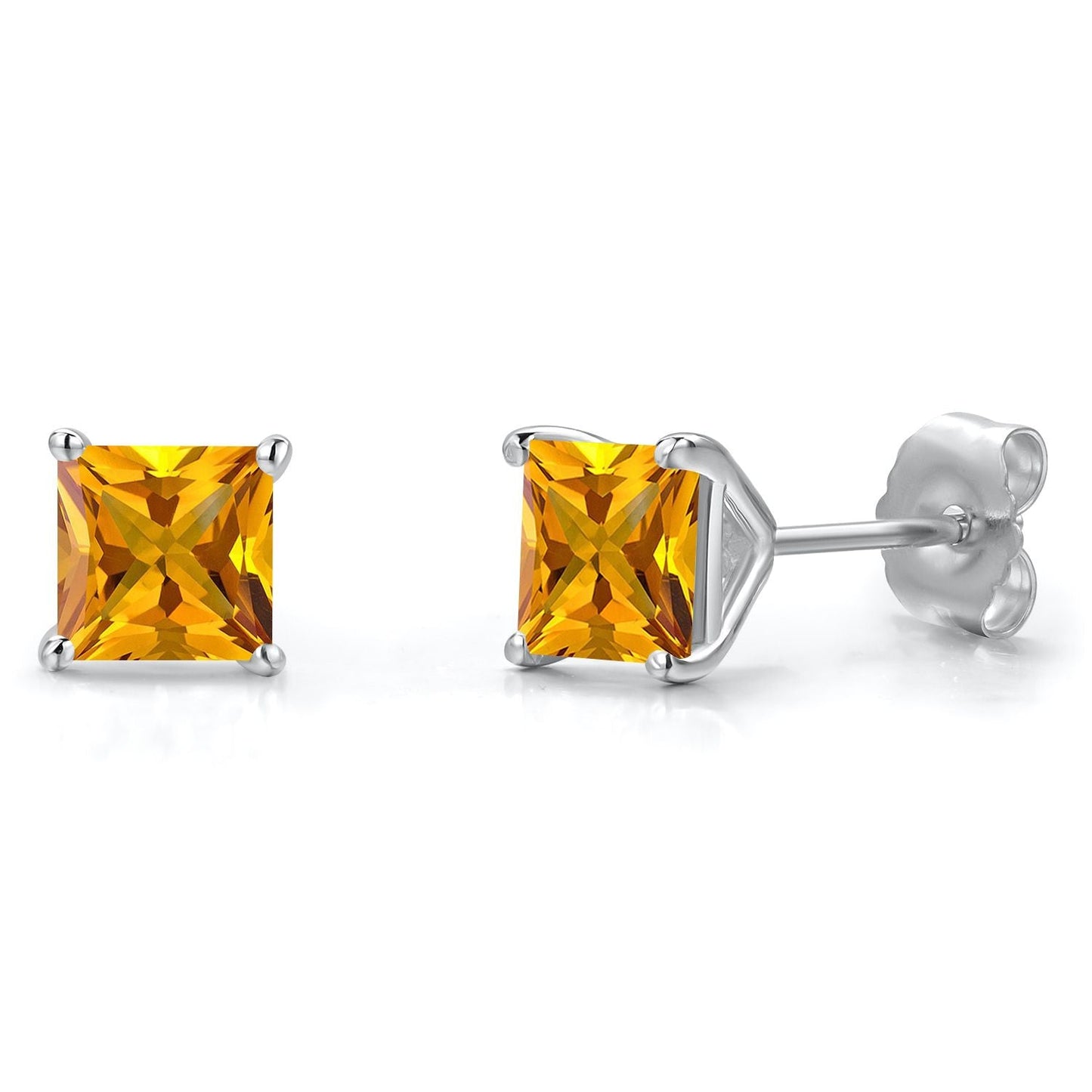 14K White Gold 5MM Princess Gemstone Birthstone Stud Earrings | Double Notch | Gold Earrings For Women Men
