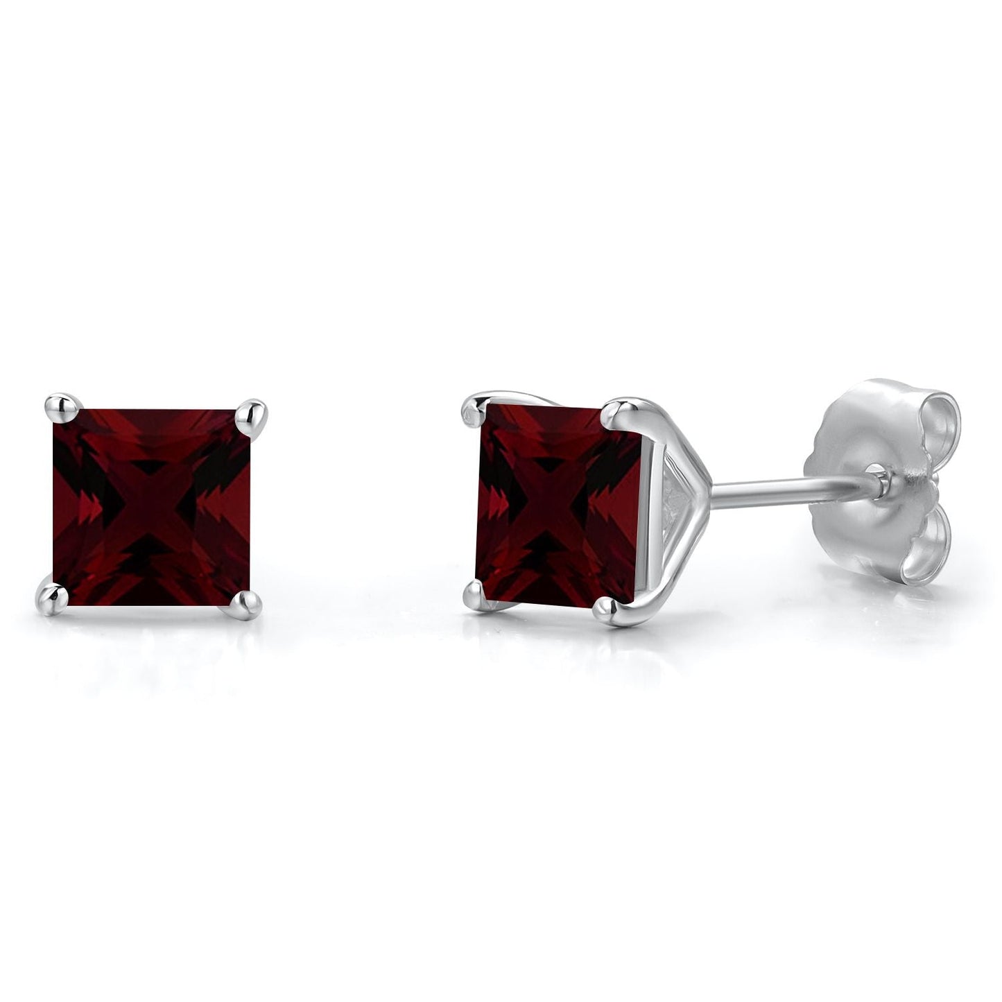 14K White Gold 5MM Princess Gemstone Birthstone Stud Earrings | Double Notch | Gold Earrings For Women Men