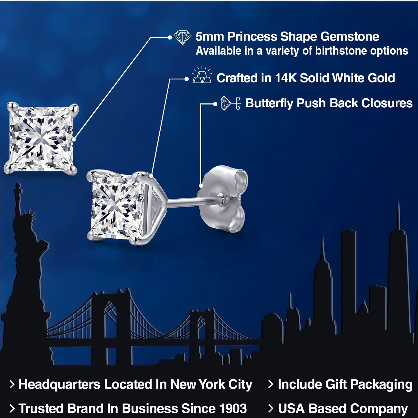 1.44 Cttw Princess Cut Lab Grown Diamond 14K White Gold Stud Earrings | DEF Color | VVS-VS Clarity | Gold Earrings For Women Men
