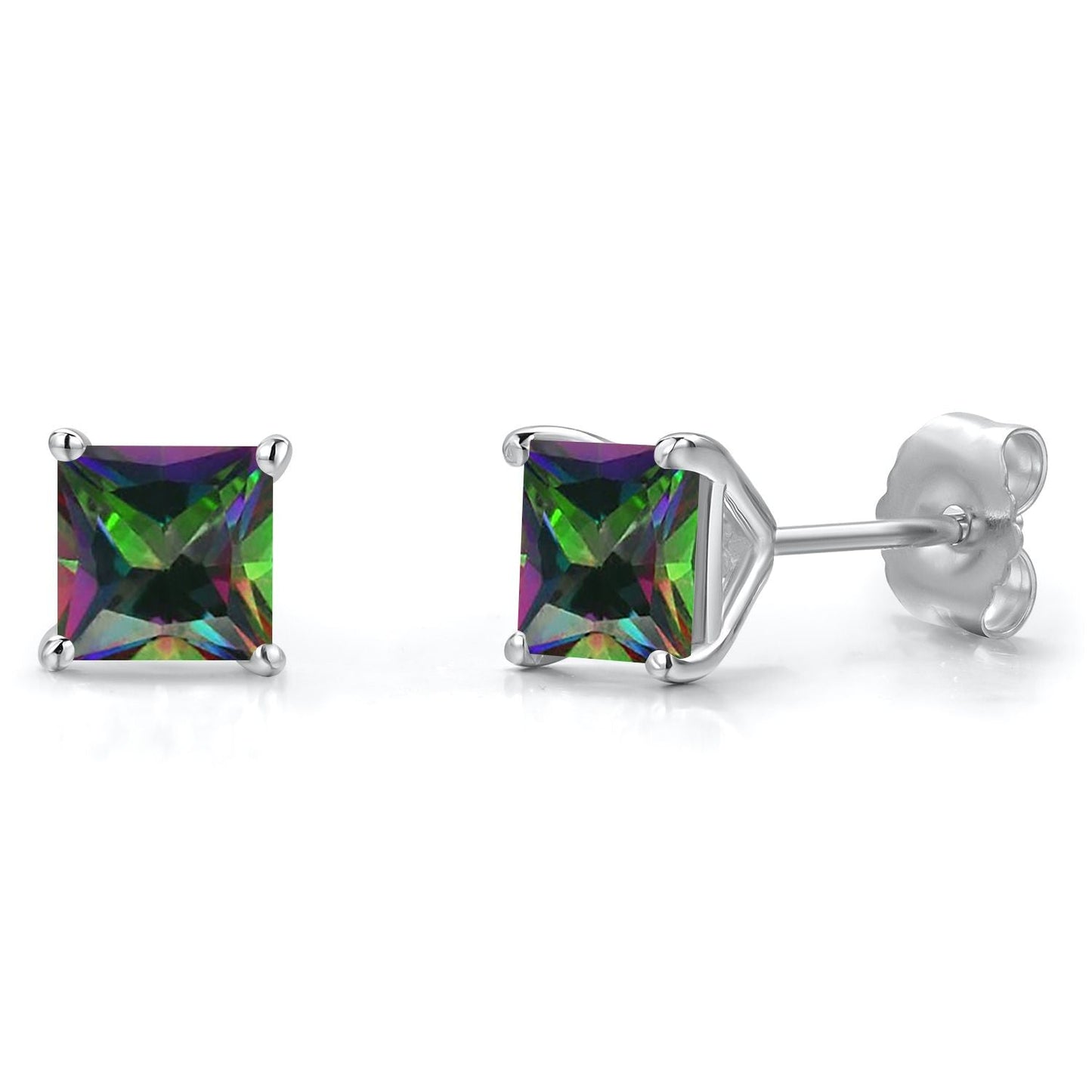 14K White Gold 5MM Princess Gemstone Birthstone Stud Earrings | Double Notch | Gold Earrings For Women Men