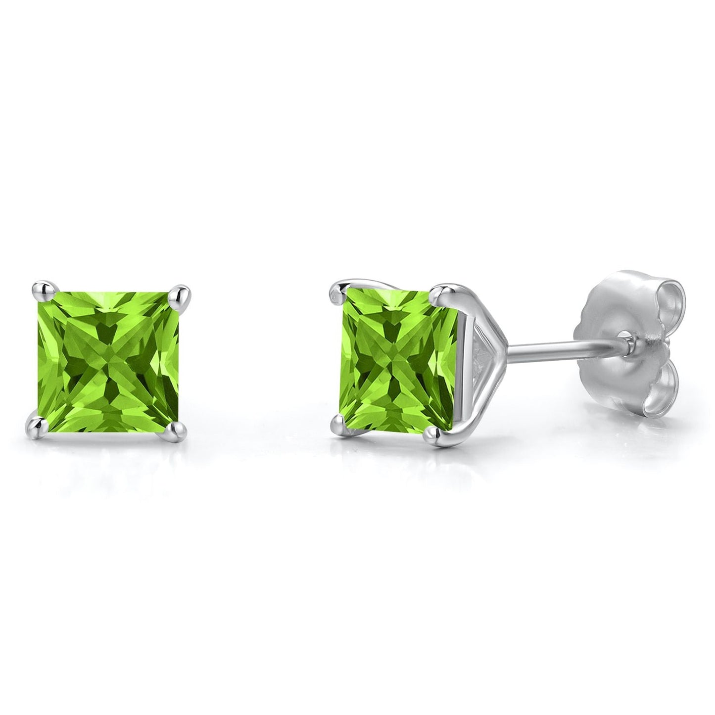 14K White Gold 5MM Princess Gemstone Birthstone Stud Earrings | Double Notch | Gold Earrings For Women Men