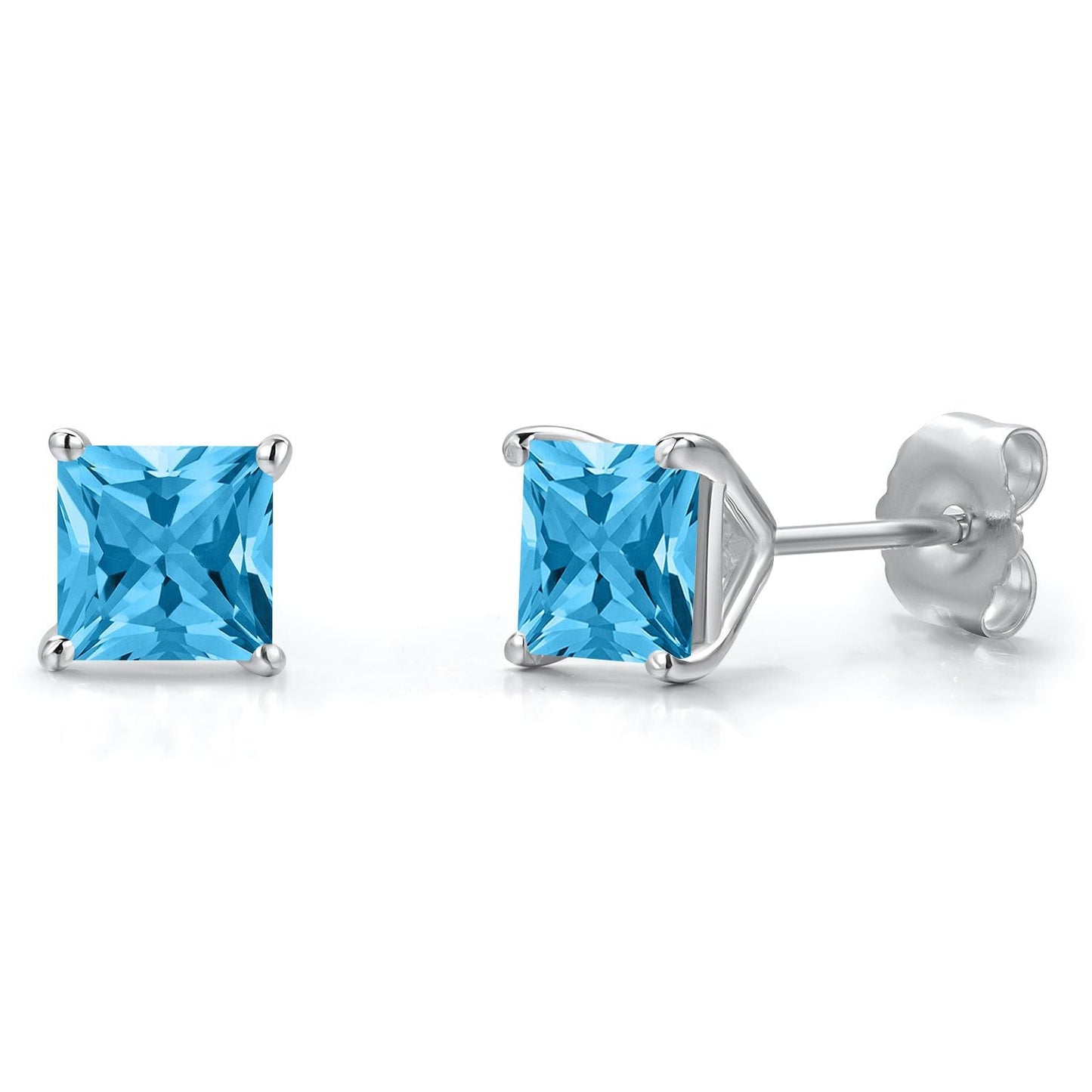 14K White Gold 5MM Princess Gemstone Birthstone Stud Earrings | Double Notch | Gold Earrings For Women Men