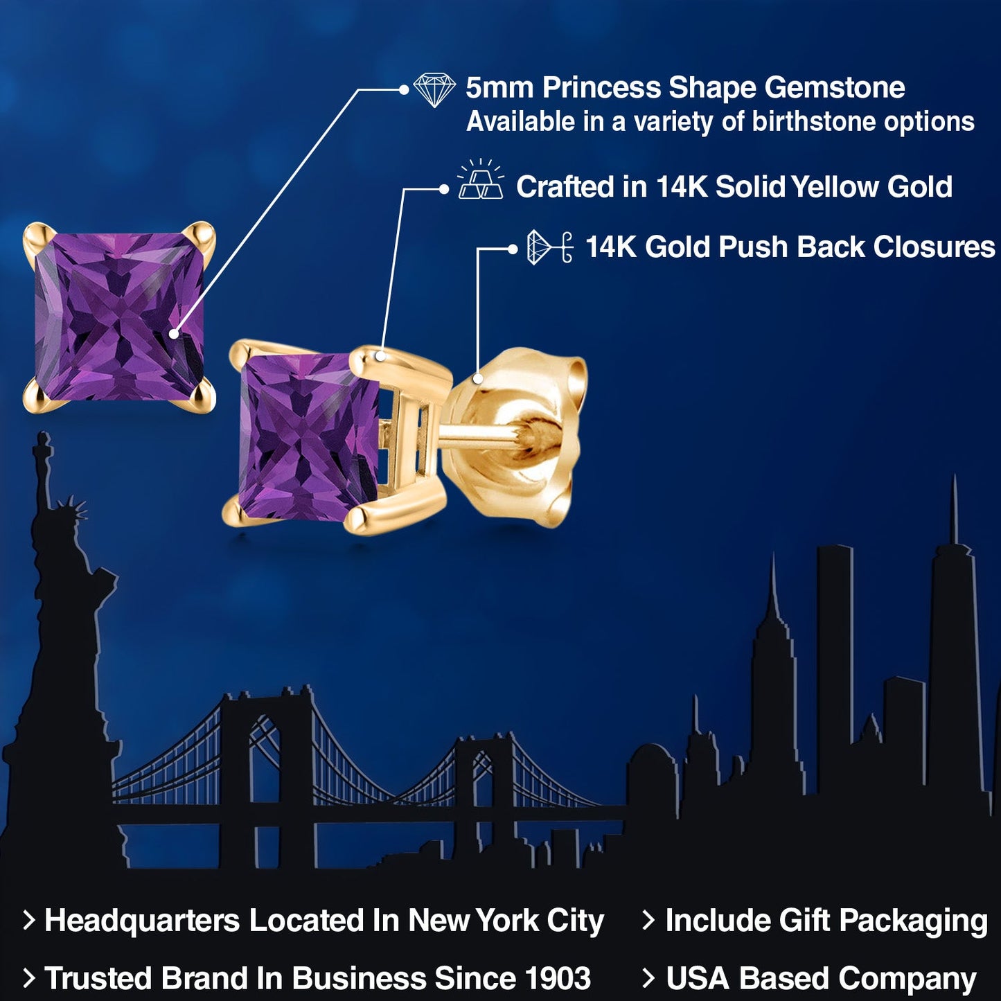 14K Yellow Gold Princess 5MM Gemstone Birthstone Stud Earrings | Double Notch | Gold Earrings For Women Men