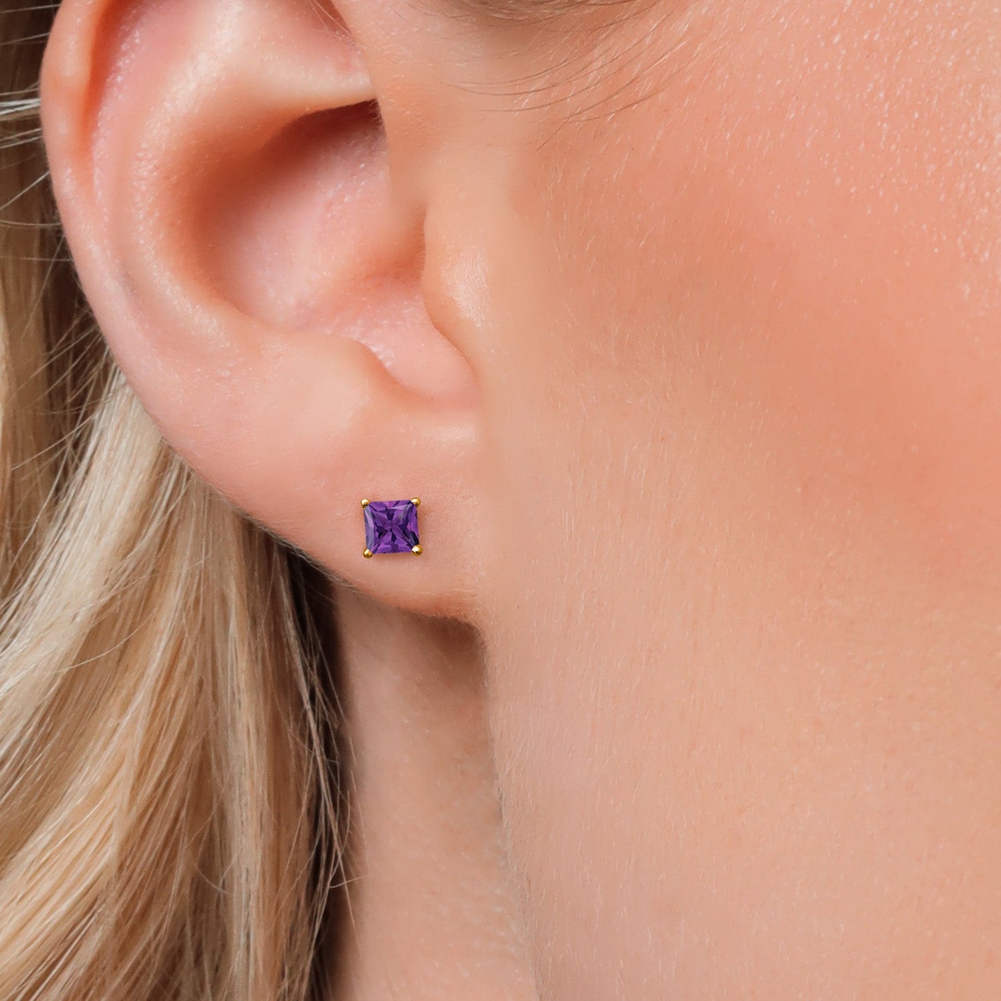 14K Yellow Gold Princess 5MM Gemstone Birthstone Stud Earrings | Double Notch | Gold Earrings For Women Men