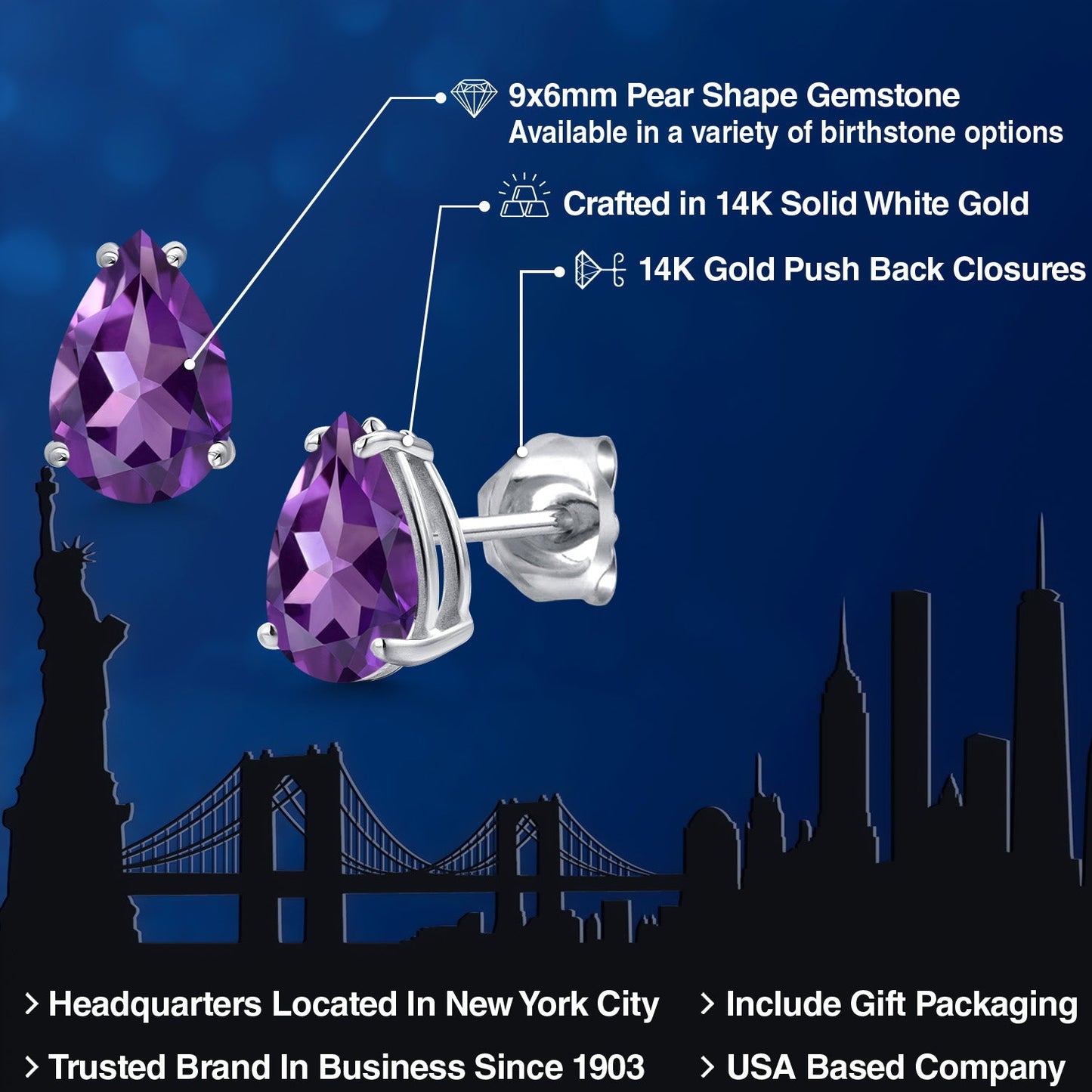 14K White Gold 9X6MM Pear Shape Gemstone Birthstone Double Notch Teardrop Stud Earrings For Women and Men