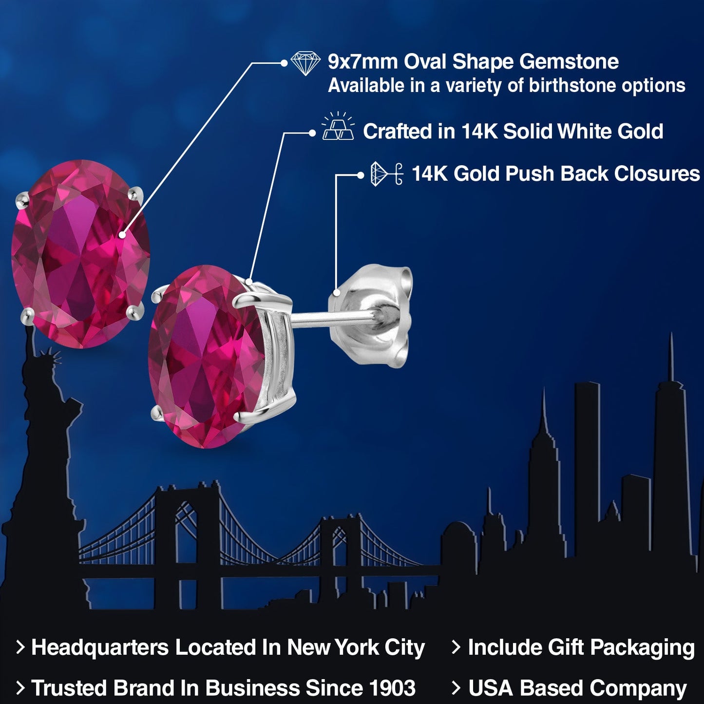 14K White Gold 9X7MM Oval Gemstone Birthstone Stud Earrings | Gold Earrings For Women and Men