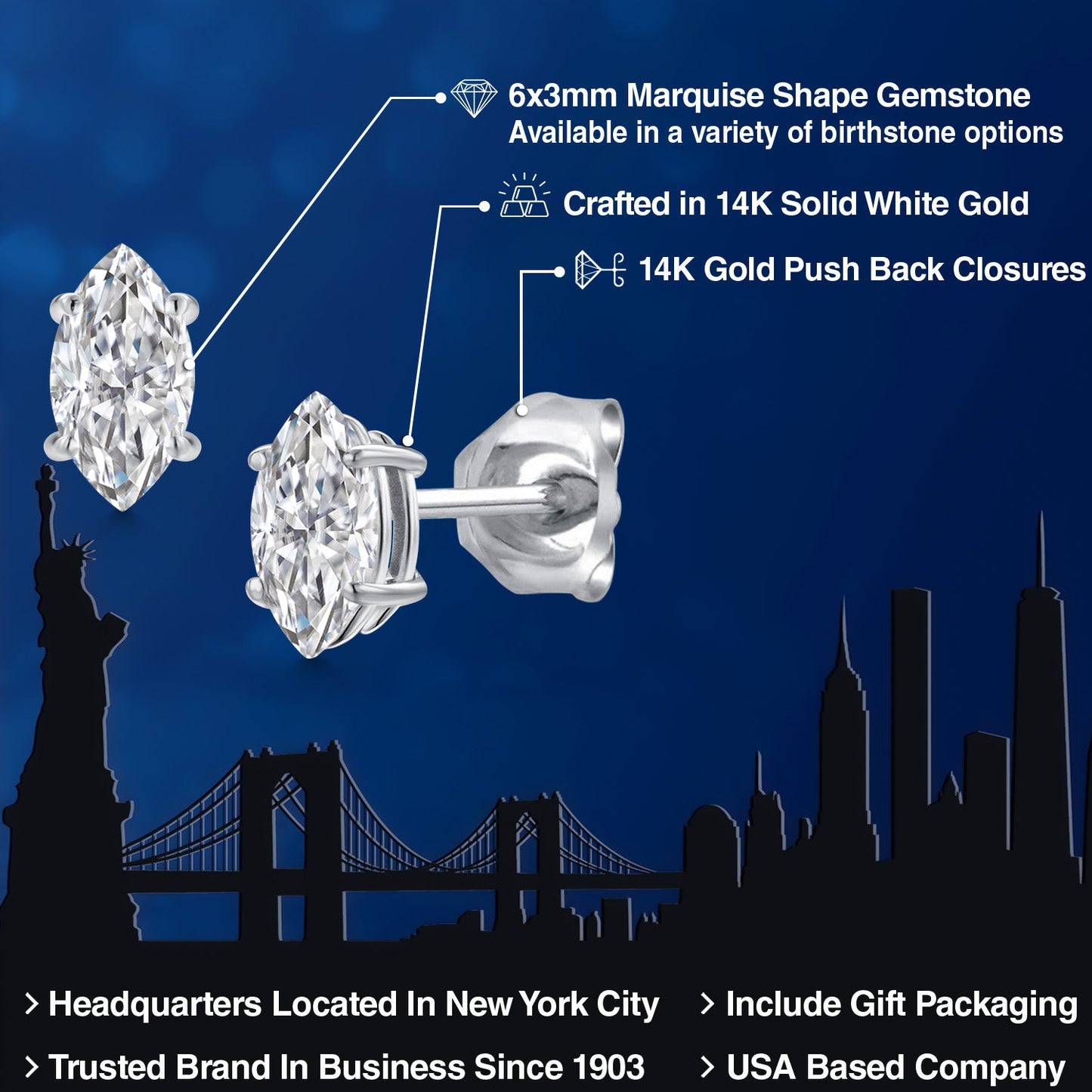 14K White Gold Marquise 6X3MM Gemstone Birthstone Gold Earrings For Women Men