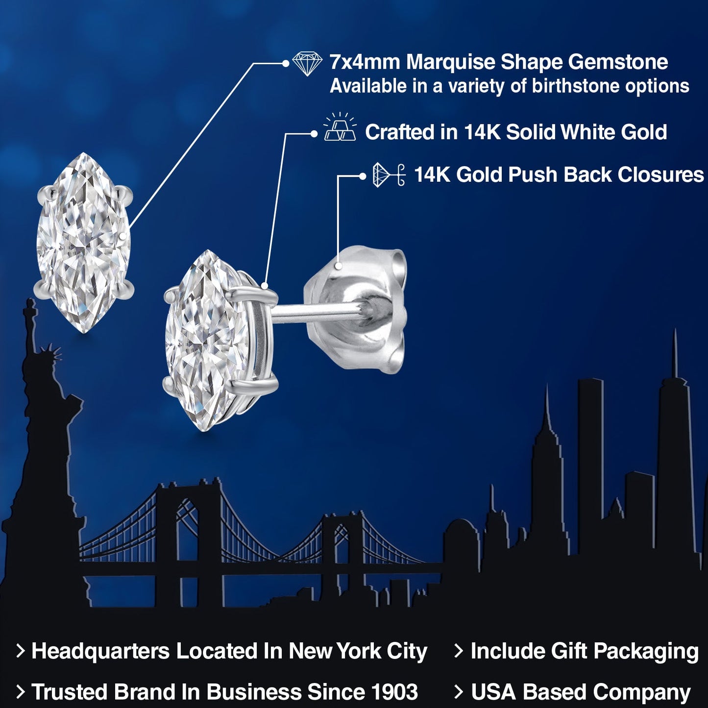 14K White Gold Lab Grown Diamond Stud Earrings For Women Men | 0.66 Cttw | Gemstone Birthstone | Marquise 7X4MM | DEF Color | VVS-VS Clarity