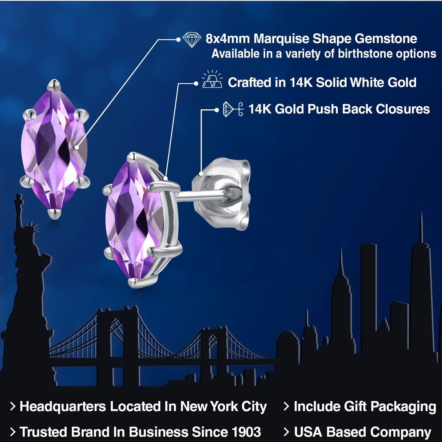 14K White Gold 8X4MM Marquise Cut Gemstone Birthstone Double Notch Stud Earrings | Gold Earrings For Women Men