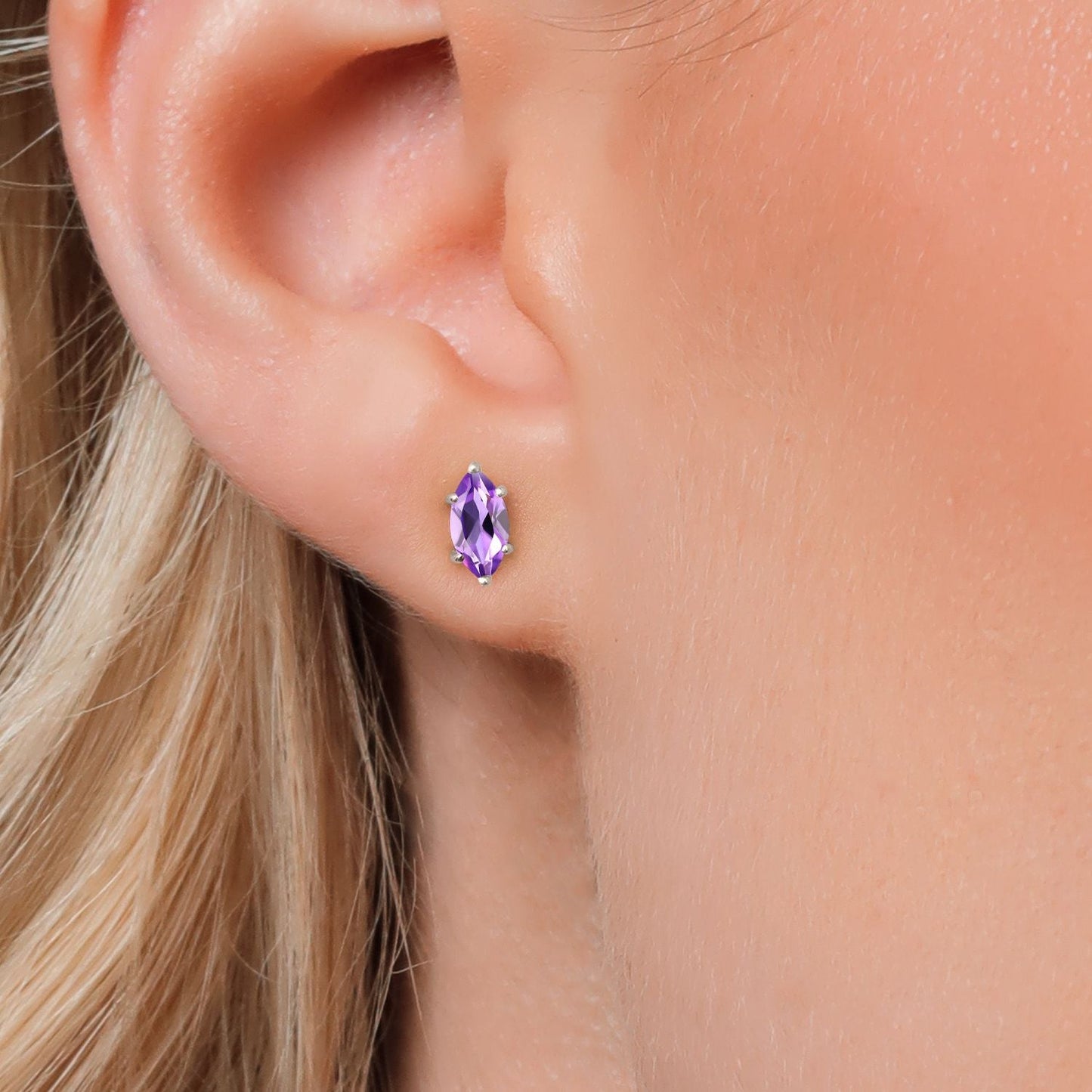 14K White Gold 8X4MM Marquise Cut Gemstone Birthstone Double Notch Stud Earrings | Gold Earrings For Women Men