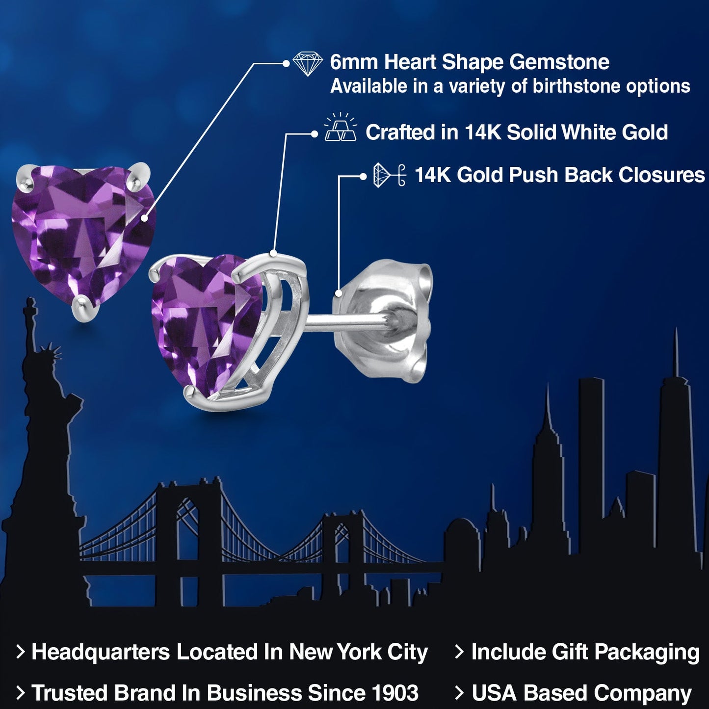 14K White Gold 6MM Heart Shape Gemstone Birthstone Stud Earrings | Gold Earrings For Women Men | Fine Jewelry Gifts for Her Mom Women Wife