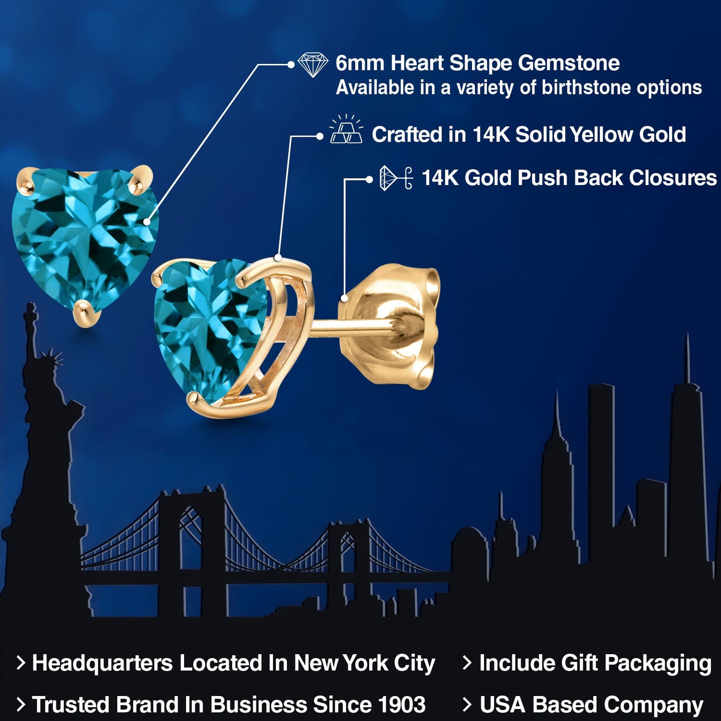14K Yellow Gold 6MM Heart Shape Gemstone Birthstone Stud Earrings | Gold Earring For Women Men