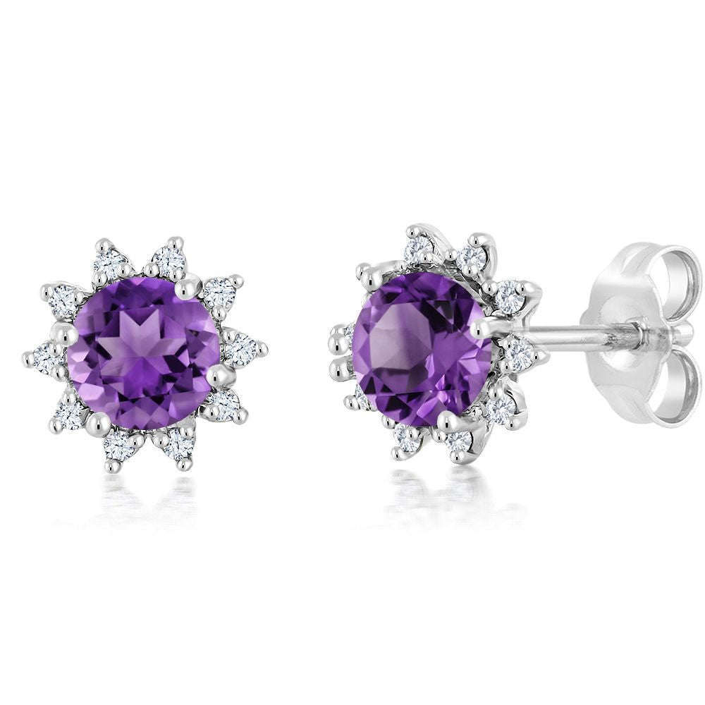 18K White Gold Gemstone Birthstone and White Diamond Earrings | Halo Stud Earrings for Women | White Gold Earrings for Women