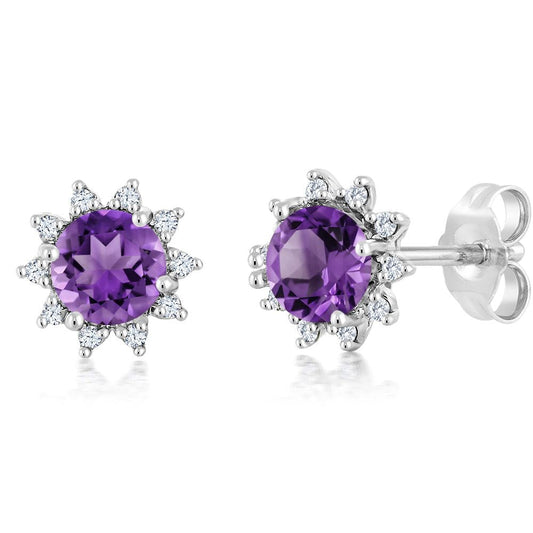 18K White Gold Gemstone Birthstone and White Diamond Earrings | Halo Stud Earrings for Women | White Gold Earrings for Women