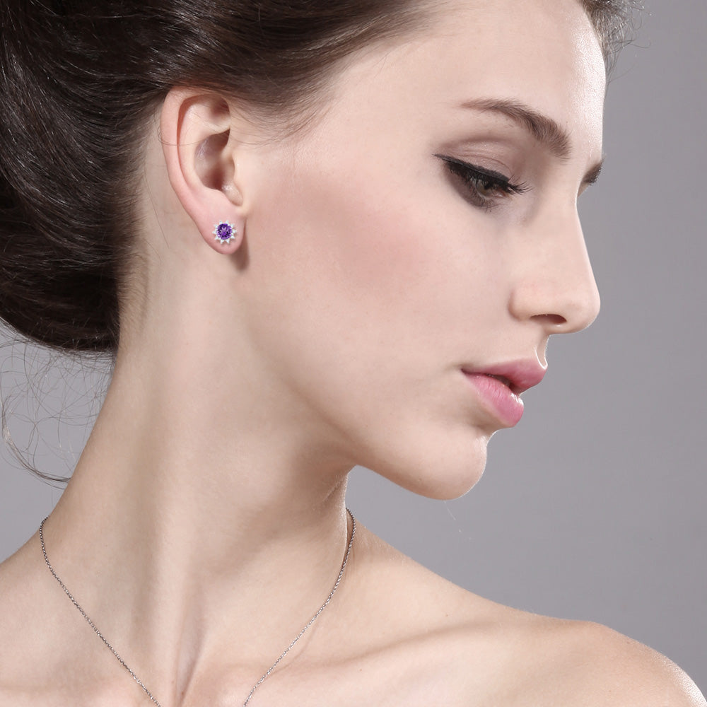 18K White Gold Gemstone Birthstone and White Diamond Earrings | Halo Stud Earrings for Women | White Gold Earrings for Women