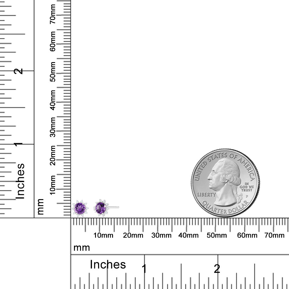 18K White Gold Gemstone Birthstone and White Diamond Earrings | Halo Stud Earrings for Women | White Gold Earrings for Women