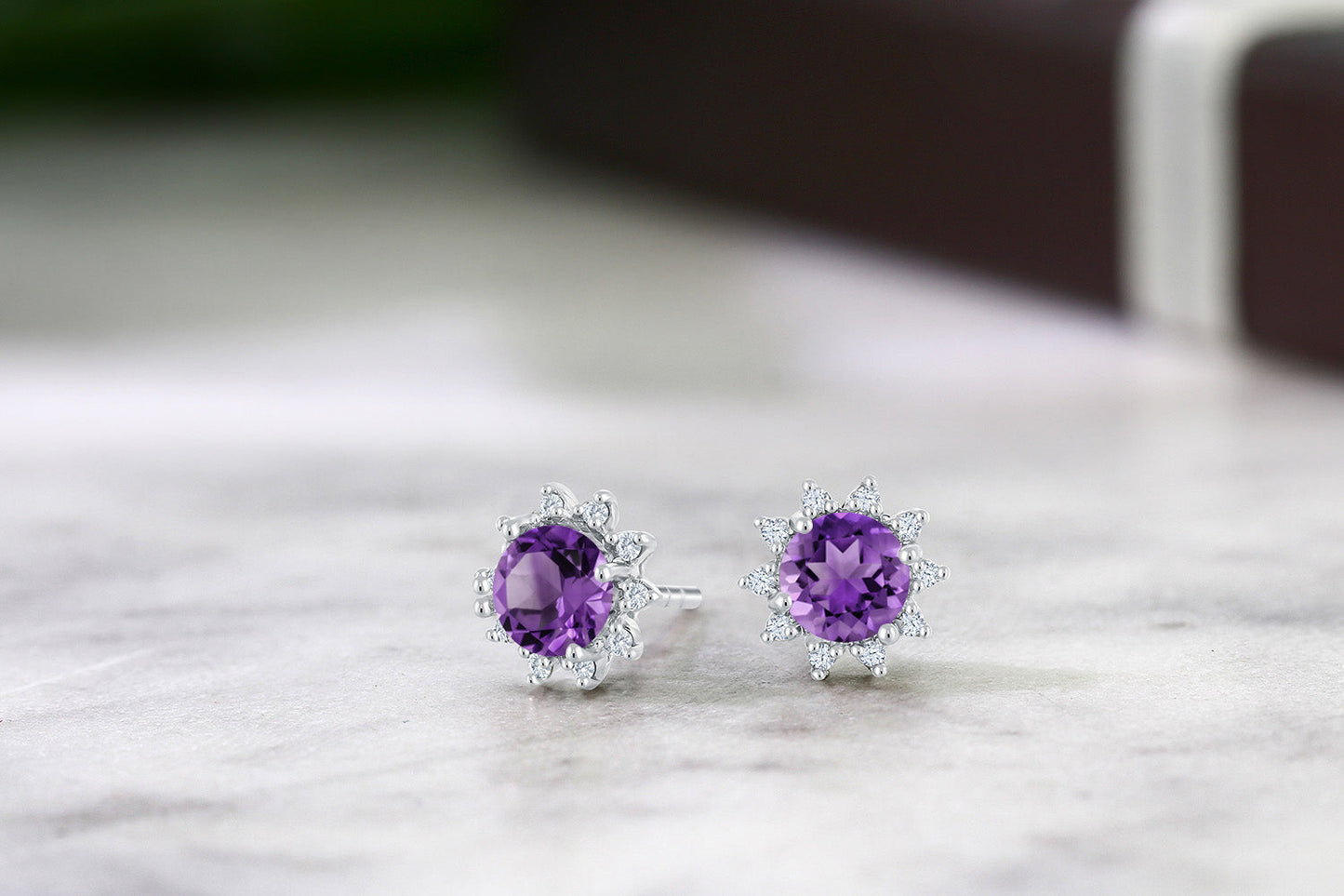 18K White Gold Gemstone Birthstone and White Diamond Earrings | Halo Stud Earrings for Women | White Gold Earrings for Women