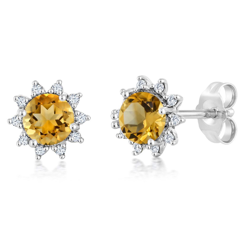 18K White Gold Gemstone Birthstone and White Diamond Earrings | Halo Stud Earrings for Women | White Gold Earrings for Women
