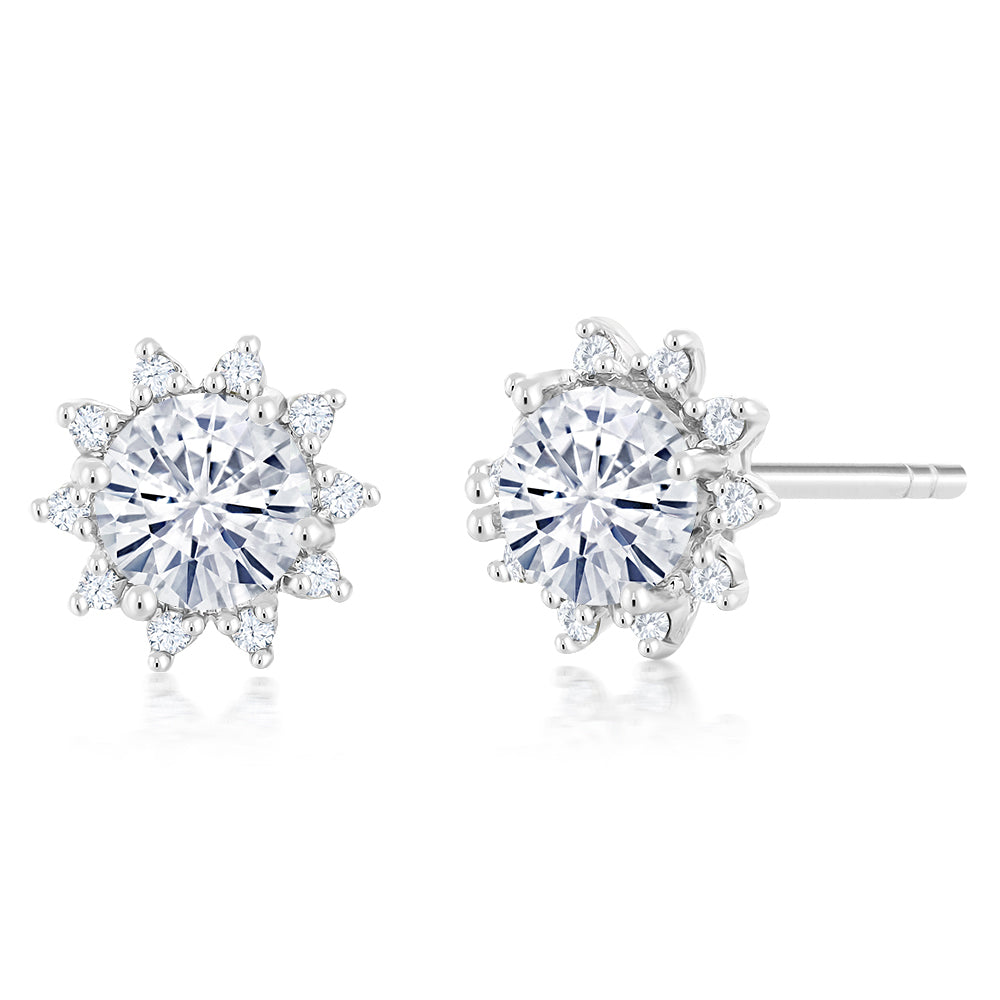 18K White Gold Gemstone Birthstone and White Diamond Earrings | Halo Stud Earrings for Women | White Gold Earrings for Women