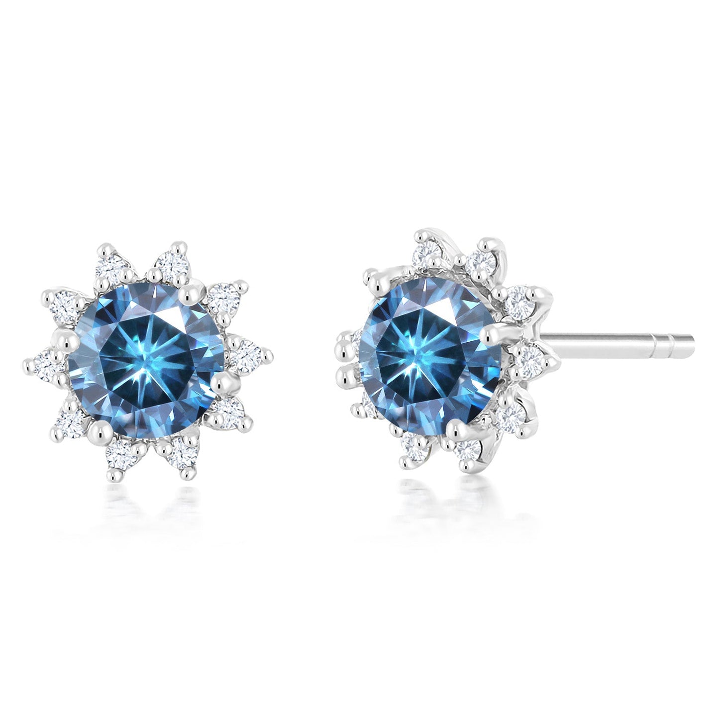 18K White Gold Gemstone Birthstone and White Diamond Earrings | Halo Stud Earrings for Women | White Gold Earrings for Women