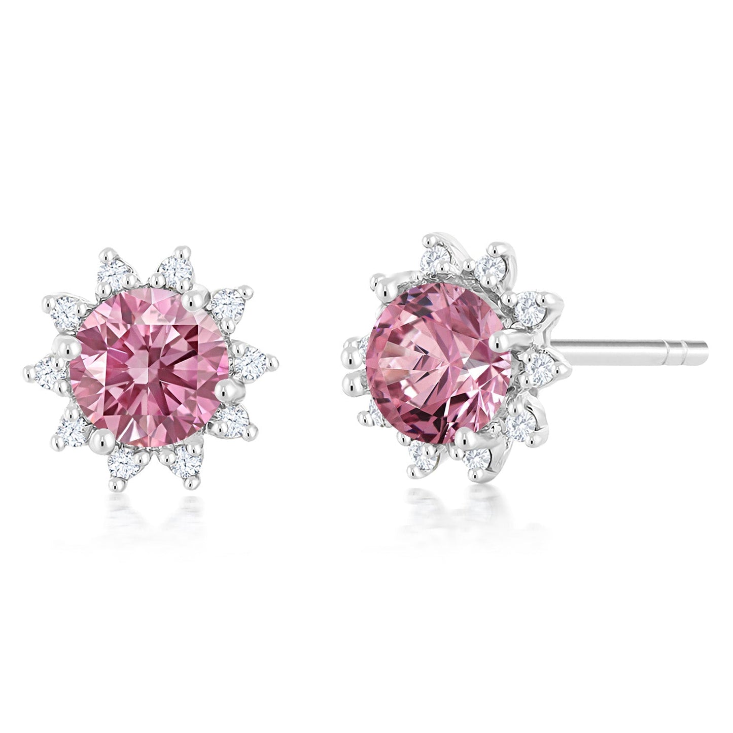 18K White Gold Gemstone Birthstone and White Diamond Earrings | Halo Stud Earrings for Women | White Gold Earrings for Women