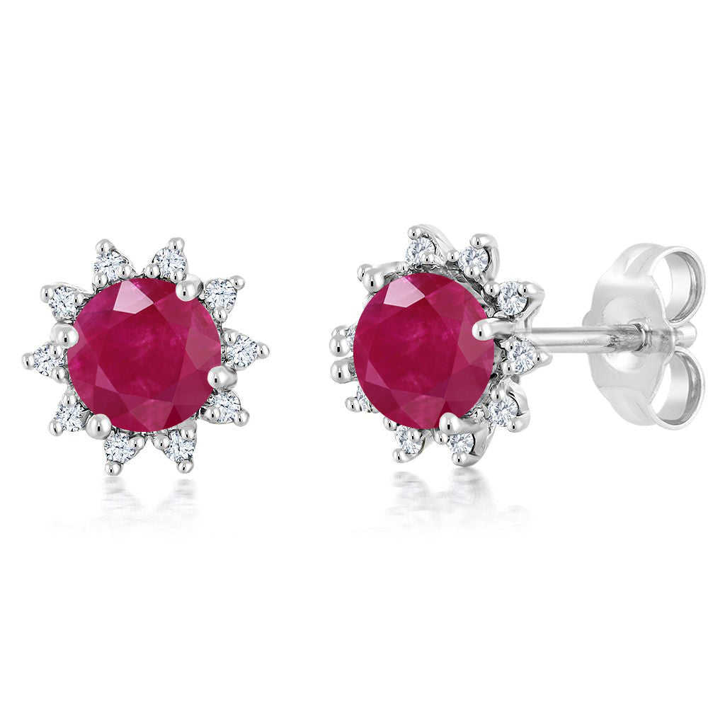 18K White Gold Gemstone Birthstone and White Diamond Earrings | Halo Stud Earrings for Women | White Gold Earrings for Women