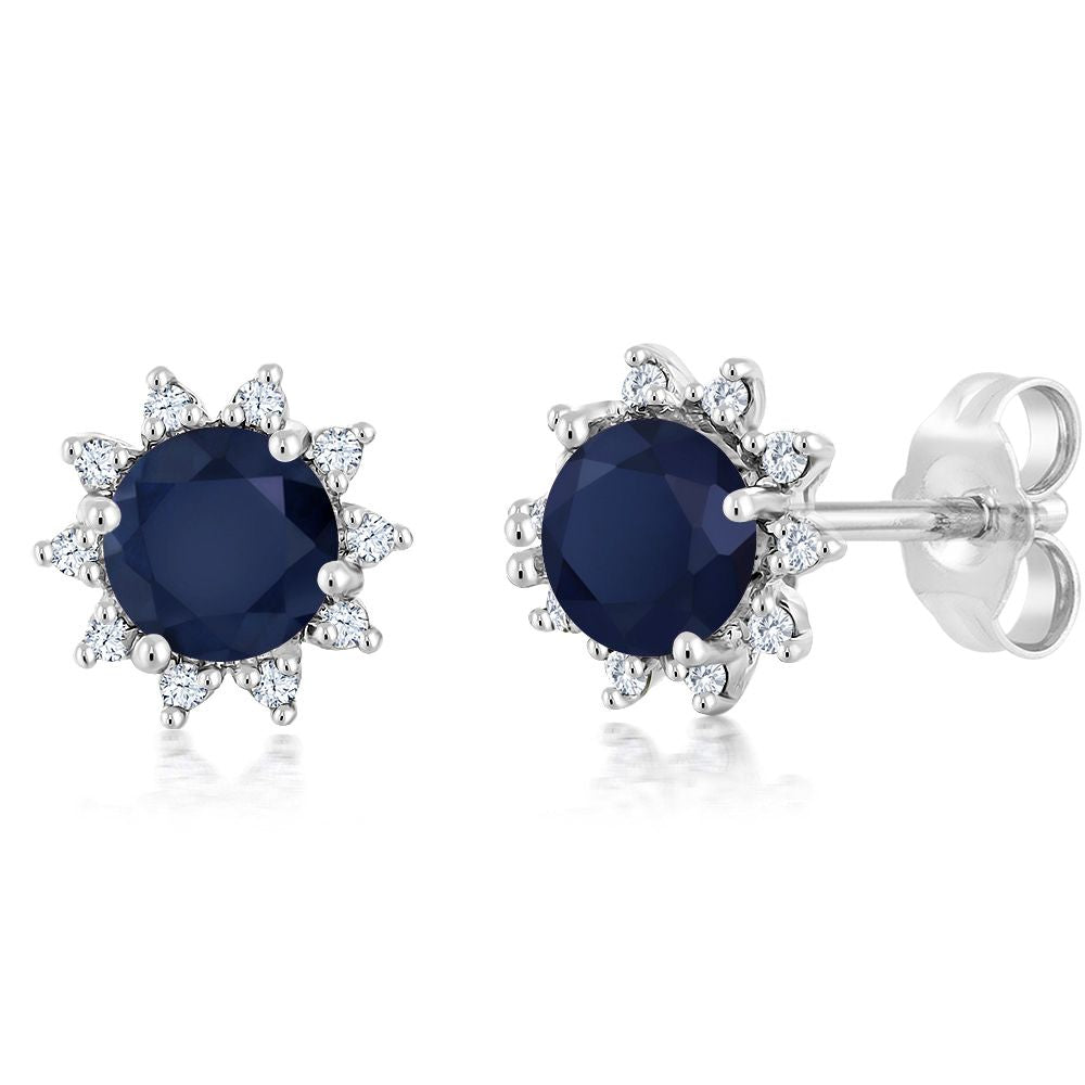 18K White Gold Gemstone Birthstone and White Diamond Earrings | Halo Stud Earrings for Women | White Gold Earrings for Women