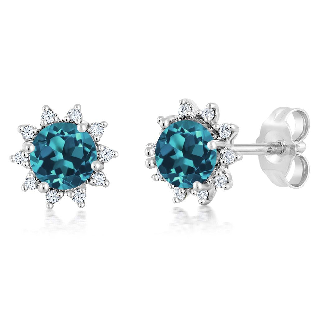 18K White Gold Gemstone Birthstone and White Diamond Earrings | Halo Stud Earrings for Women | White Gold Earrings for Women