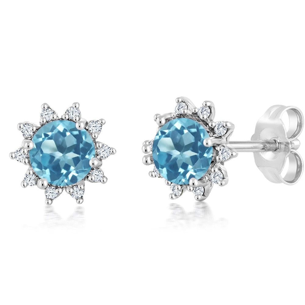 18K White Gold Gemstone Birthstone and White Diamond Earrings | Halo Stud Earrings for Women | White Gold Earrings for Women