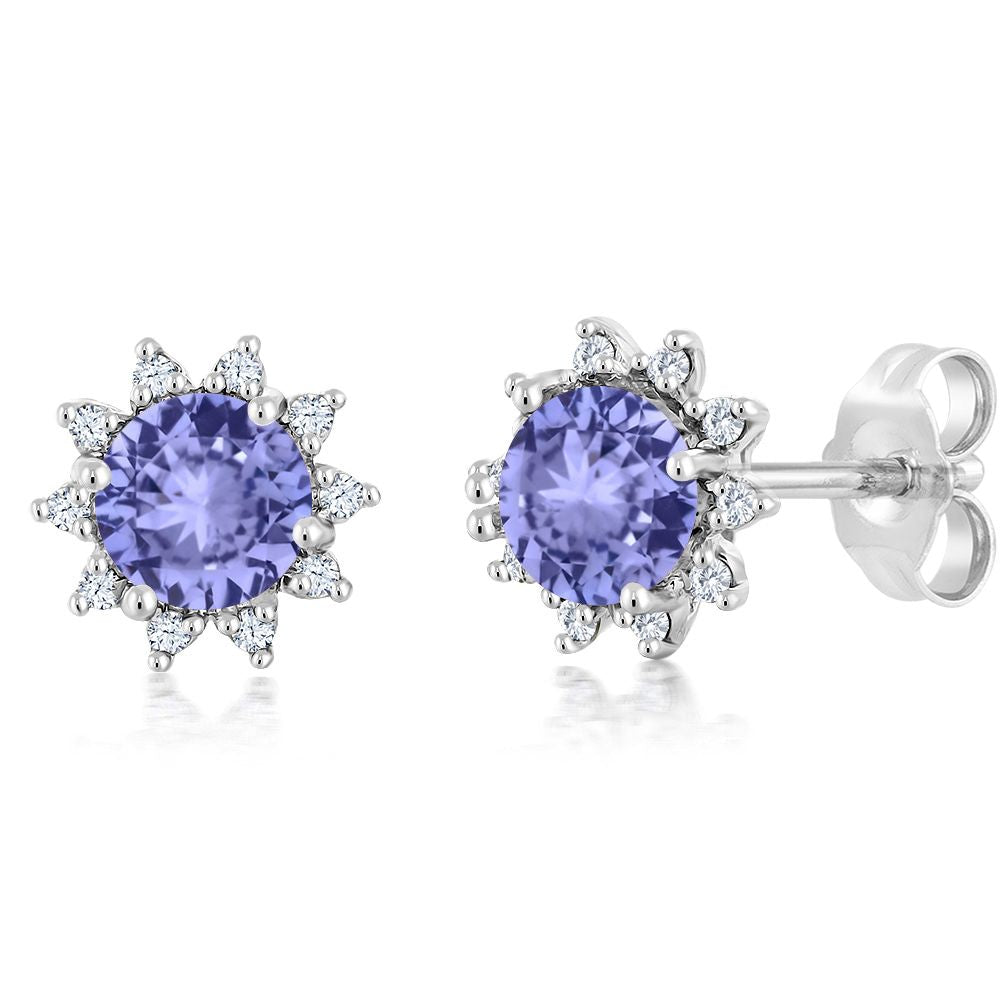 18K White Gold Gemstone Birthstone and White Diamond Earrings | Halo Stud Earrings for Women | White Gold Earrings for Women