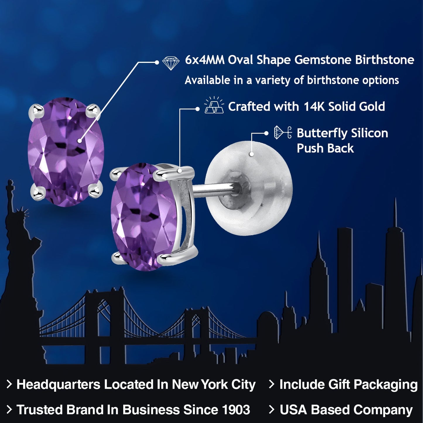 14K Gold Gemstone Birthstone Oval Stud Earrings | Oval 6X4MM | Gold Earrings For Women Men | Fine Jewelry Gifts for Her Mom Women Wife