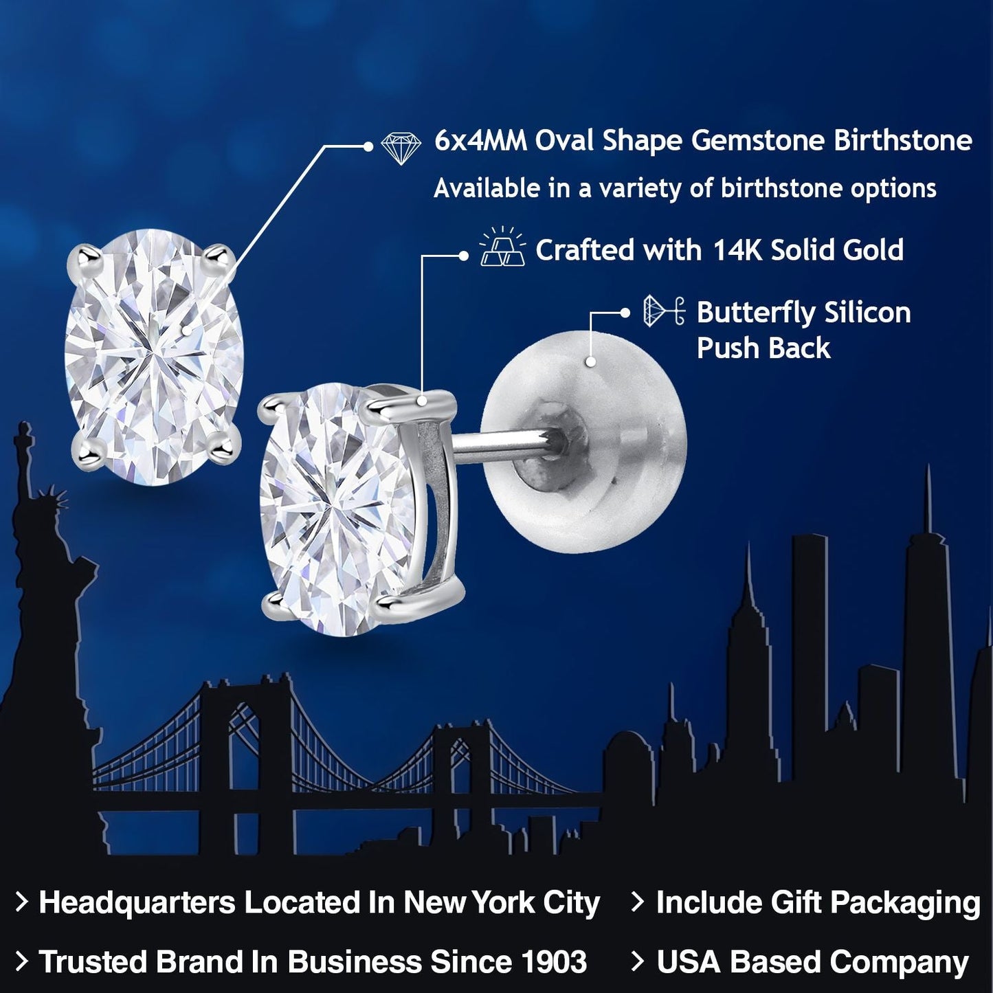 14K White Gold Oval White Moissanite Stud Earrings For Women Men (1.00 Cttw, Gemstone Birthstone, Oval 6X4MM)
