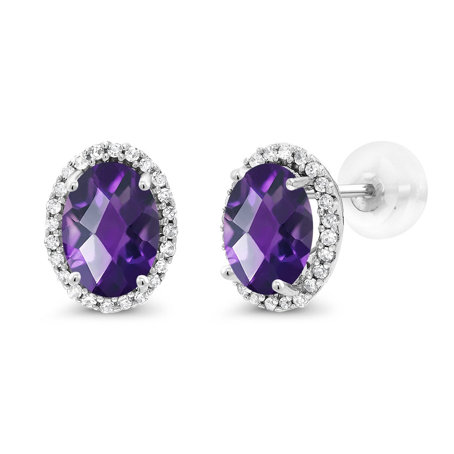 10K White Gold 7X5MM Oval Gemstone Birthstone and White Diamond Halo Earrings | White Gold Earrings for Women