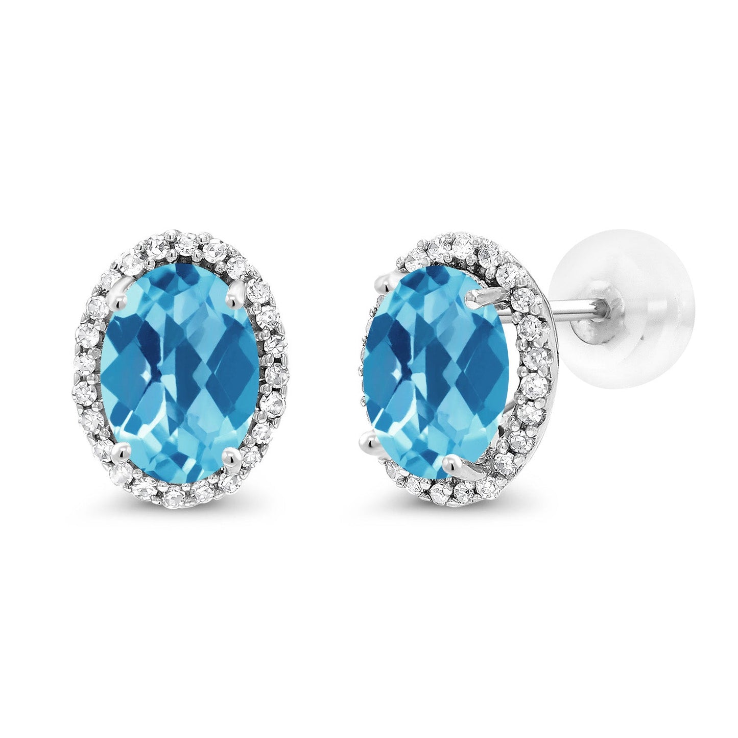 10K White Gold 7X5MM Oval Gemstone Birthstone and White Diamond Halo Earrings | White Gold Earrings for Women