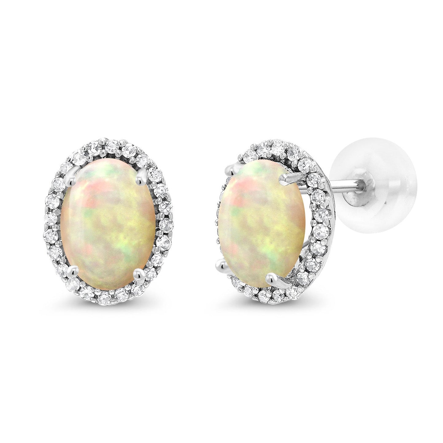 10K White Gold 7X5MM Oval Gemstone Birthstone and White Diamond Halo Earrings | White Gold Earrings for Women